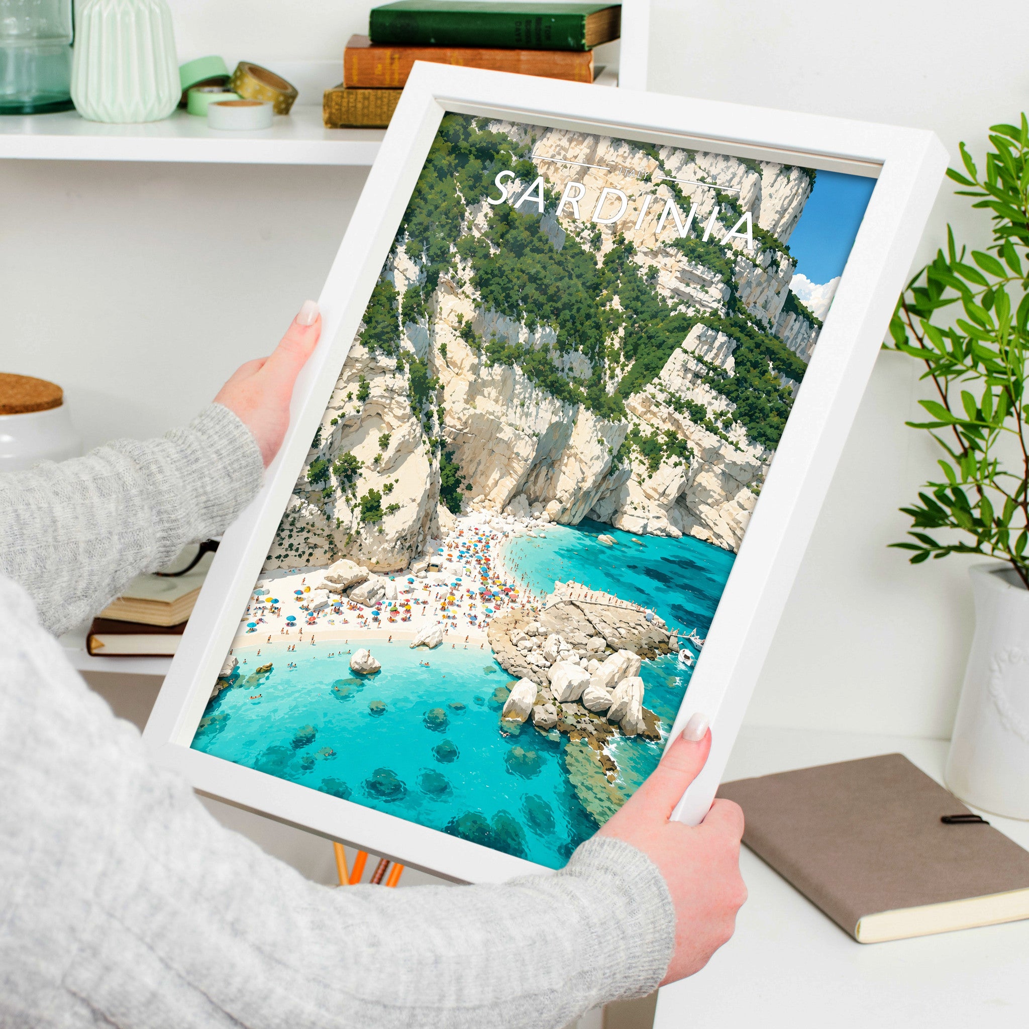 Sardinia #3 Travel Poster in a white frame, held to show scale