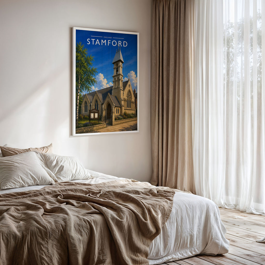 Stamford #14 Travel Poster framed on a bedroom wall