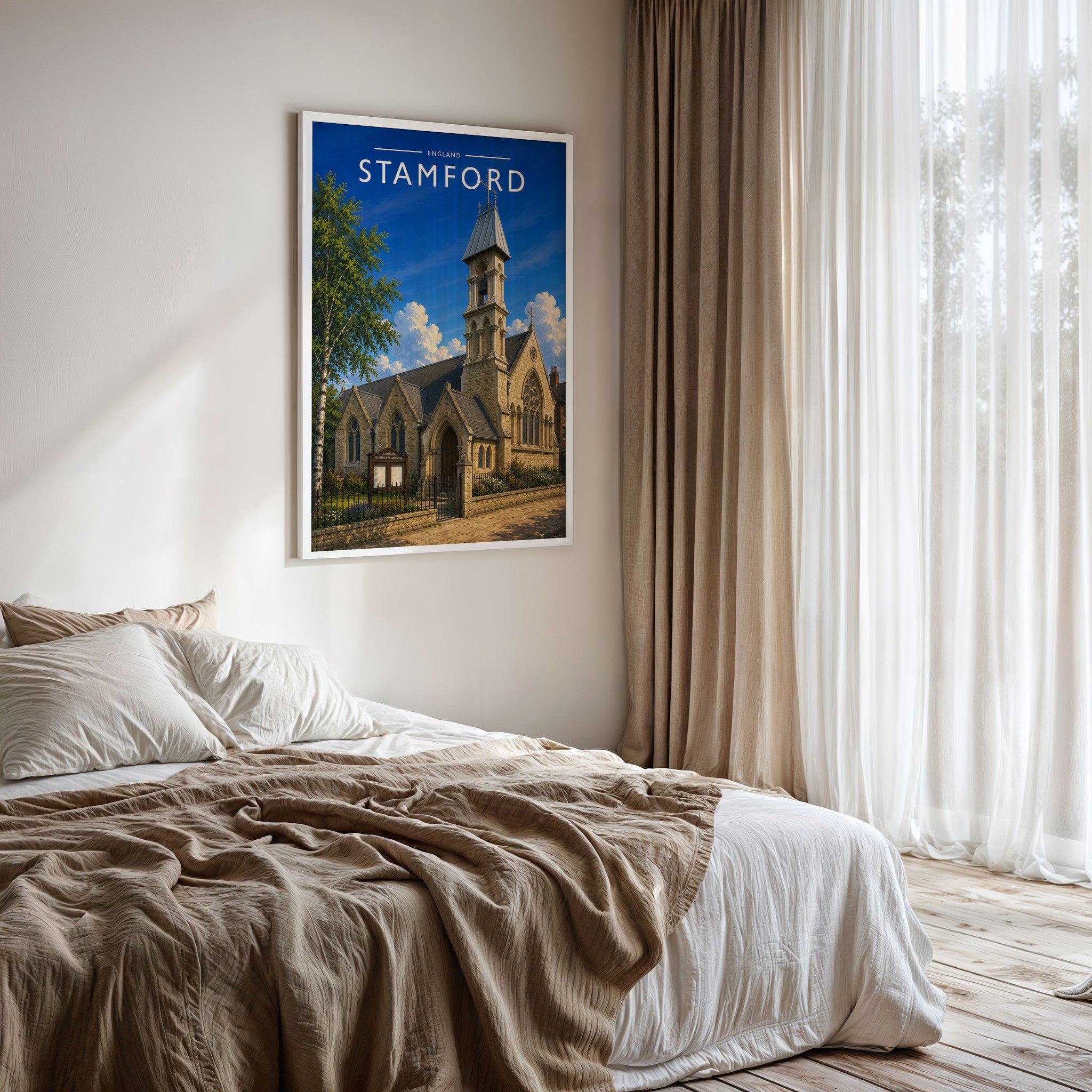 Stamford #14 Travel Poster framed on a bedroom wall