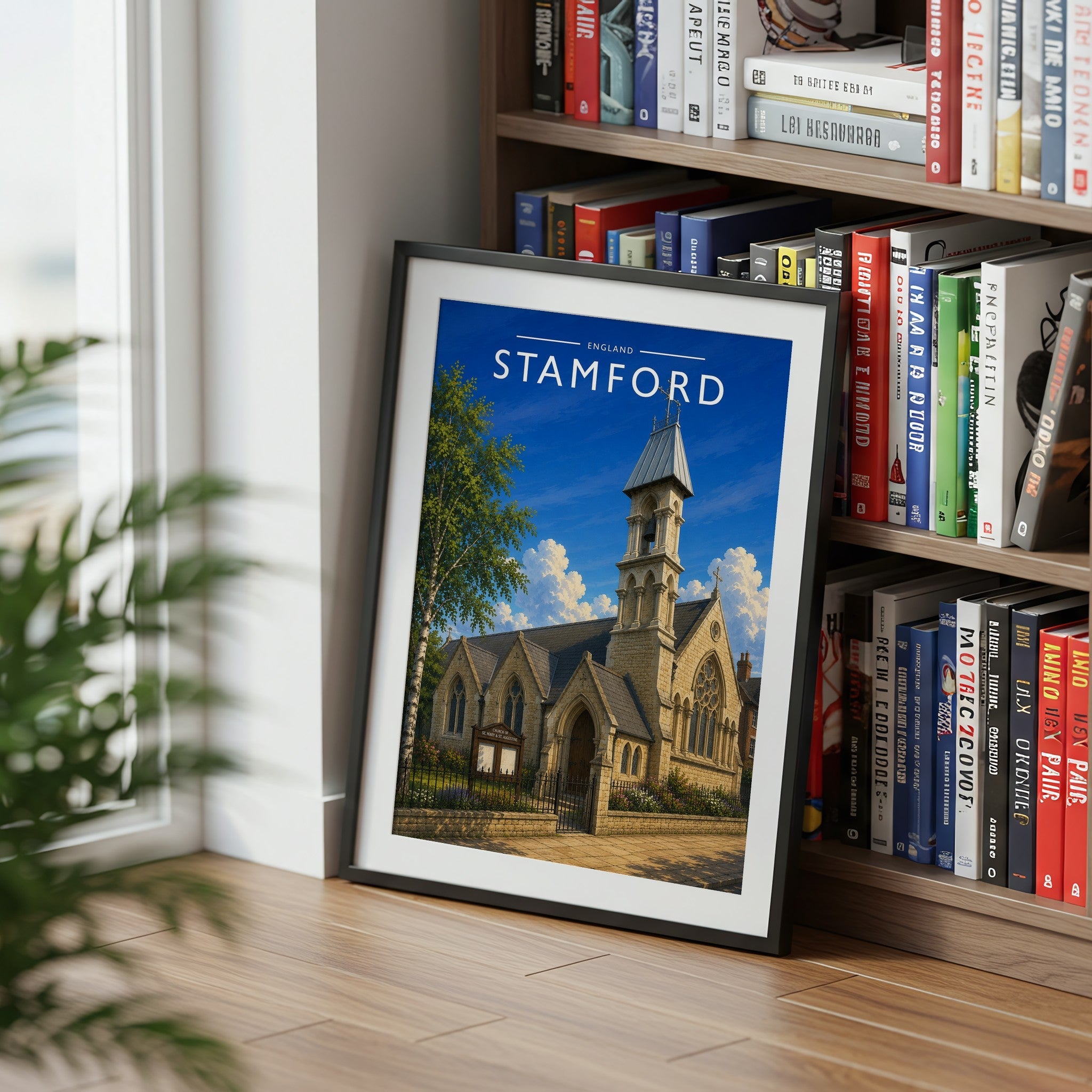 Stamford #14 Travel Poster mounted in a black frame