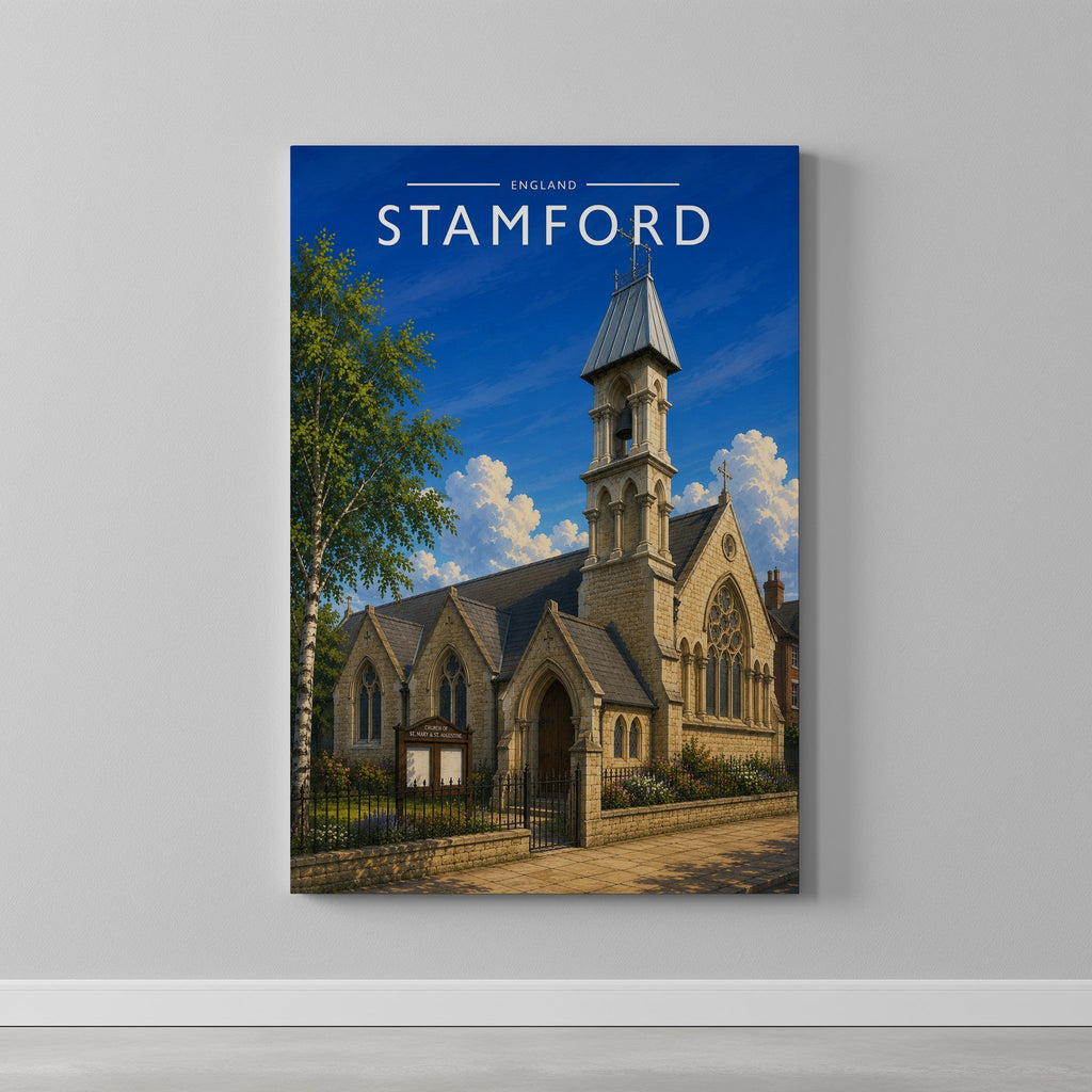 Stamford #14 Travel Poster as a gallery-wrapped canvas on a plain wall