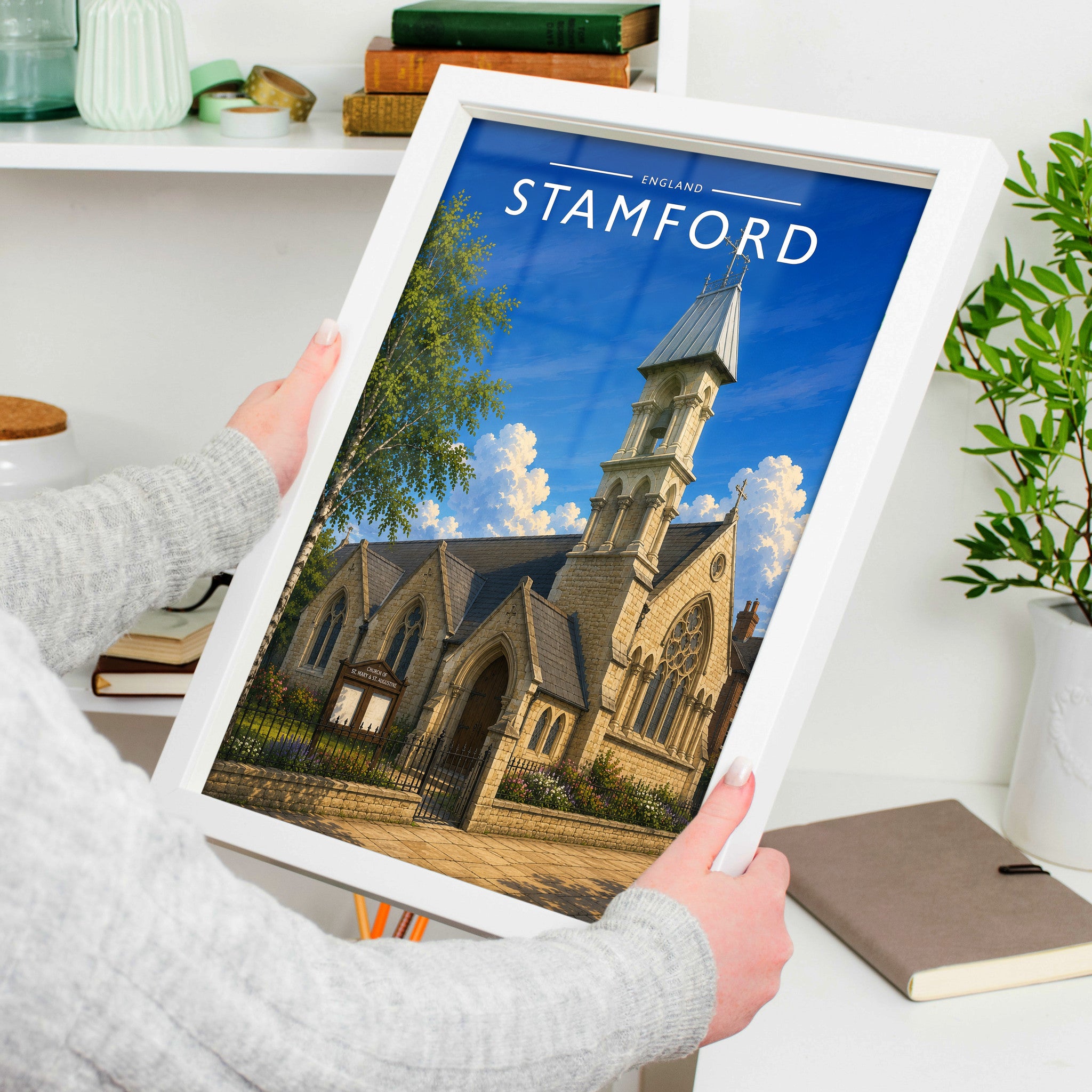 Stamford #14 Travel Poster in a white frame, held to show scale
