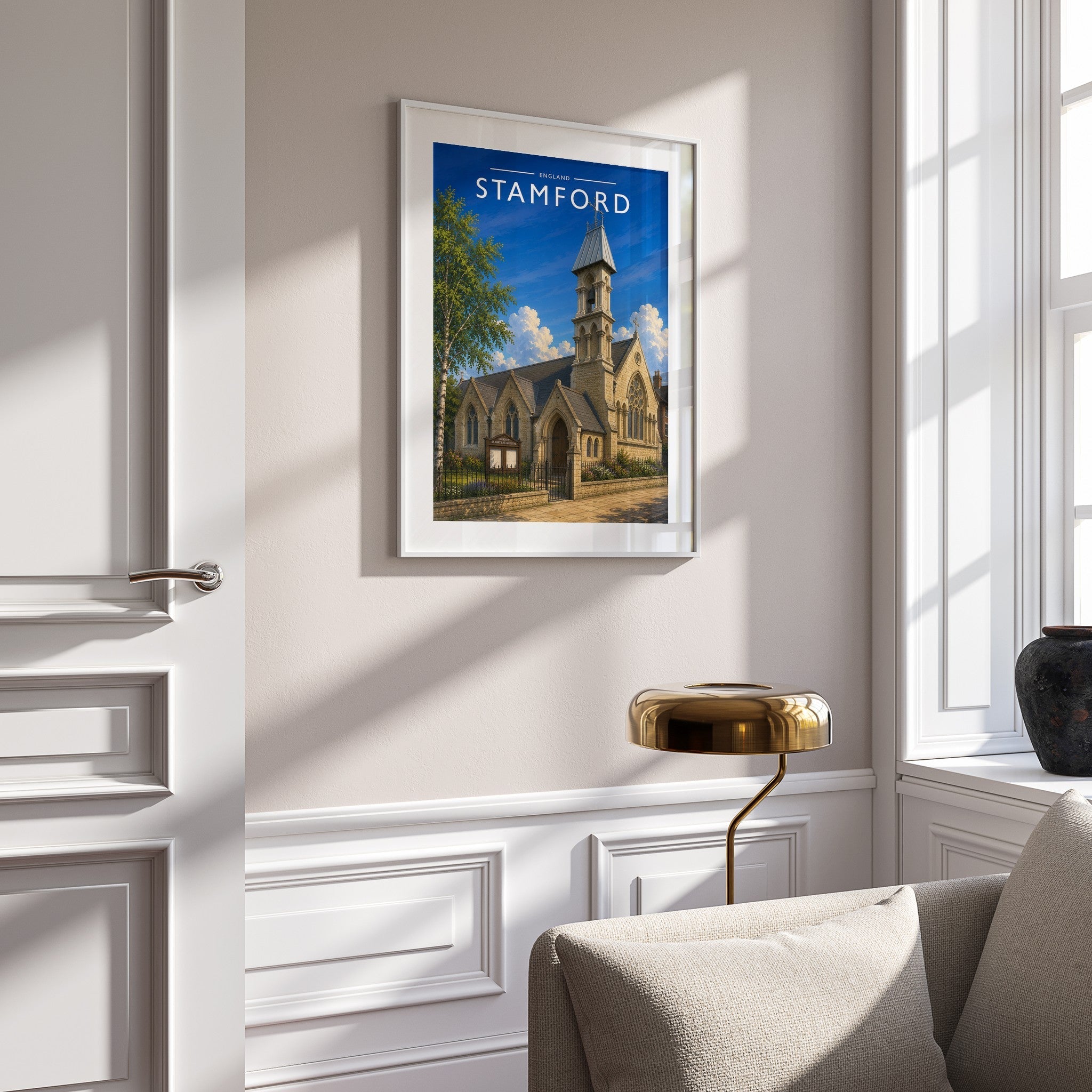 Stamford #14 Travel Poster mounted in a white frame