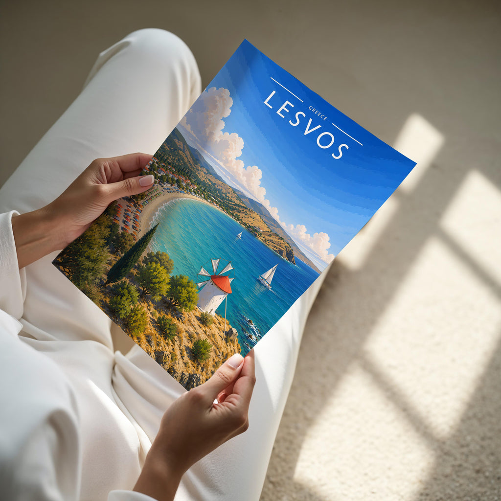 Lesvos Travel Poster - A4 print held in hand