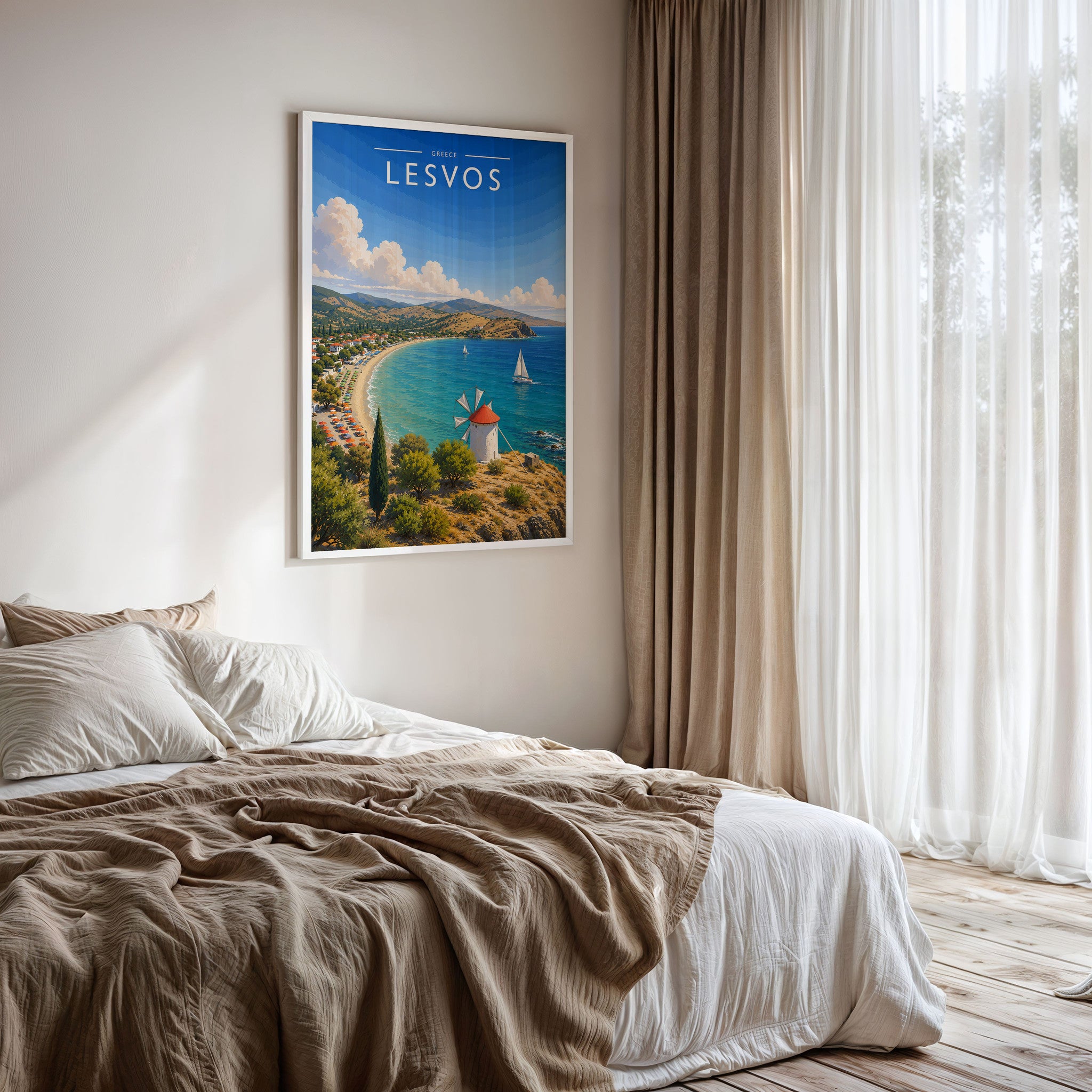 Lesvos Travel Poster framed on a bedroom wall