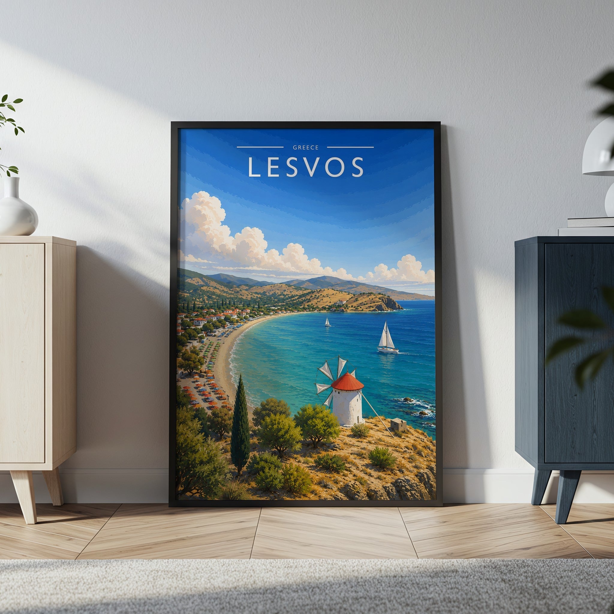 Lesvos Travel Poster in a black frame