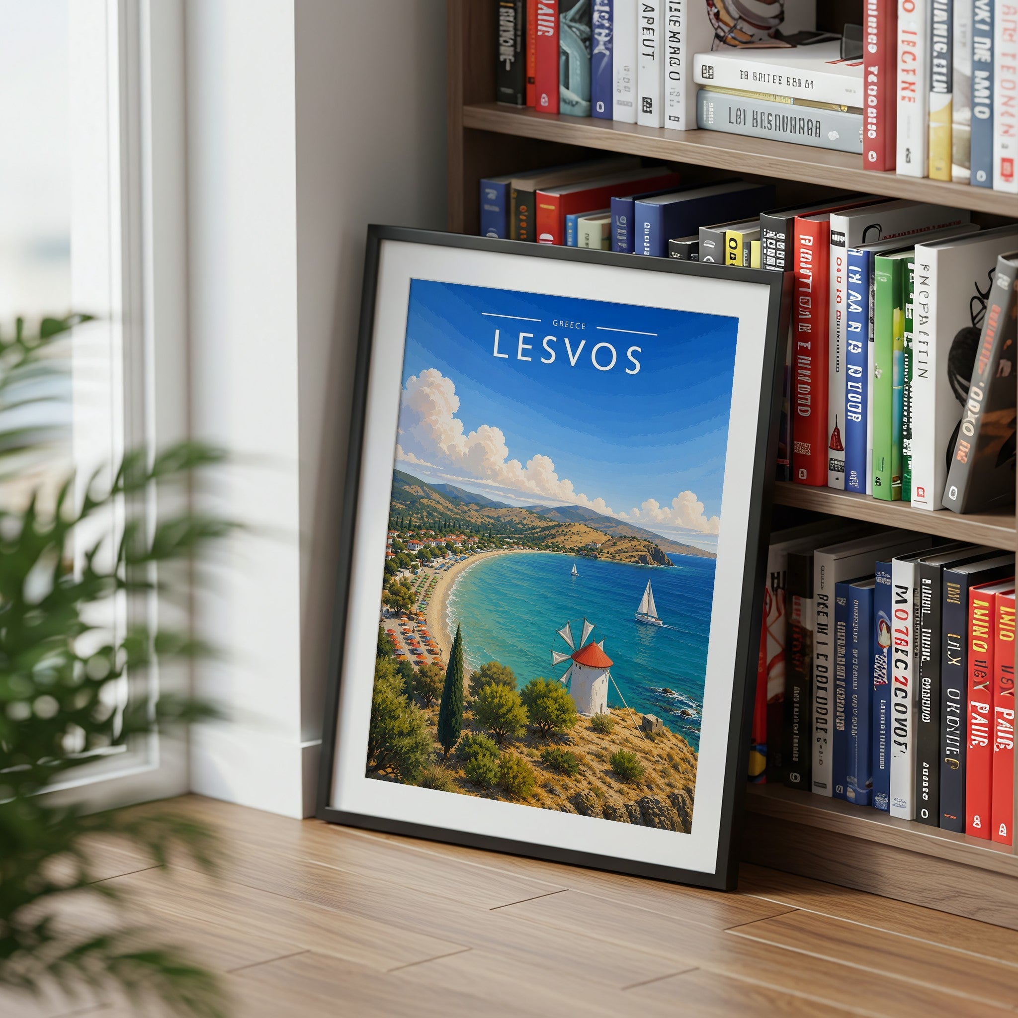 Lesvos Travel Poster mounted in a black frame
