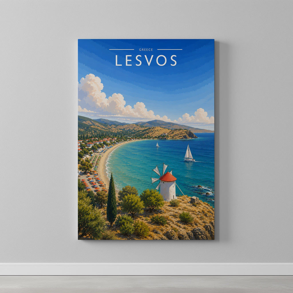 Lesvos Travel Poster as a gallery-wrapped canvas on a plain wall
