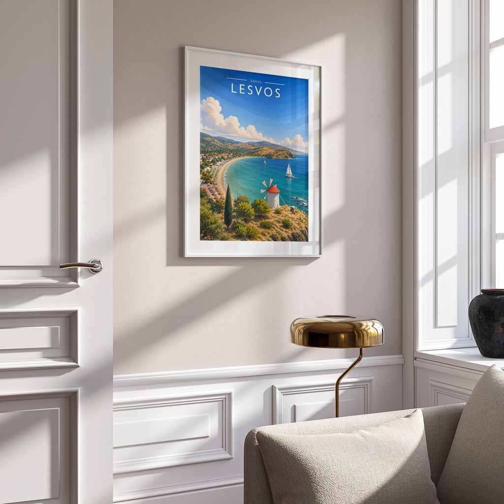 Lesvos Travel Poster in a white frame on a panelled wall