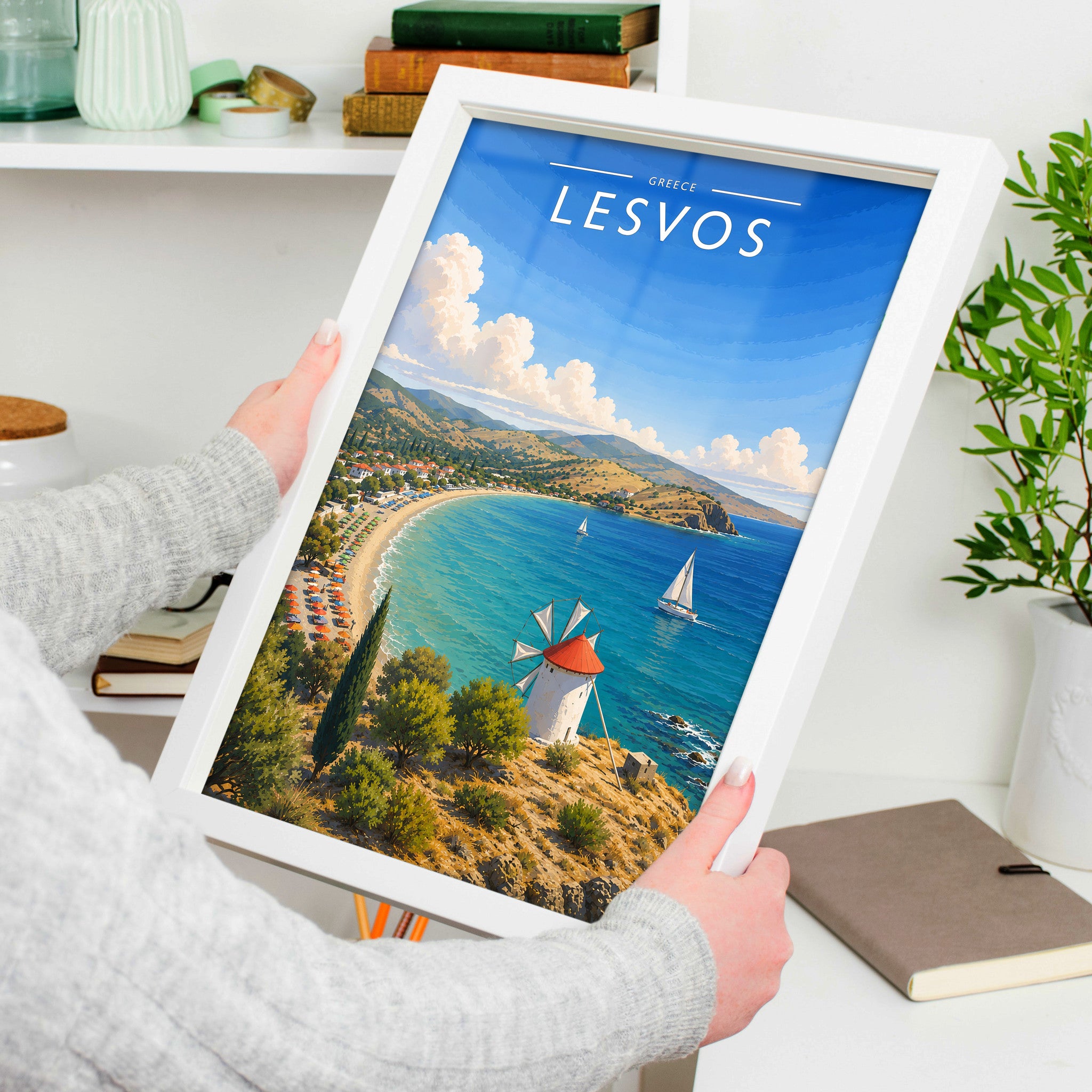 Lesvos Travel Poster in a white frame, held to show scale