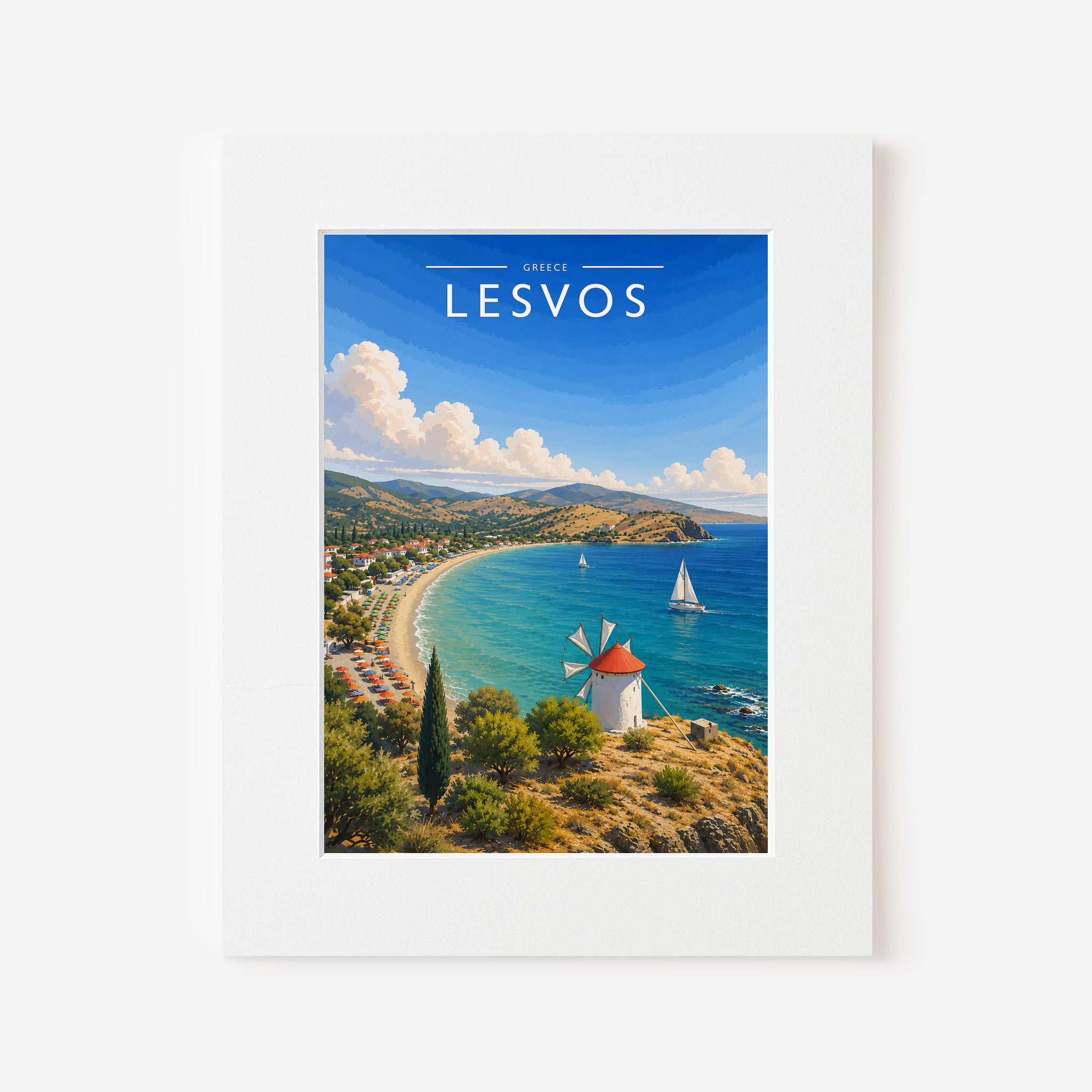 Lesvos Travel Poster in a white mount