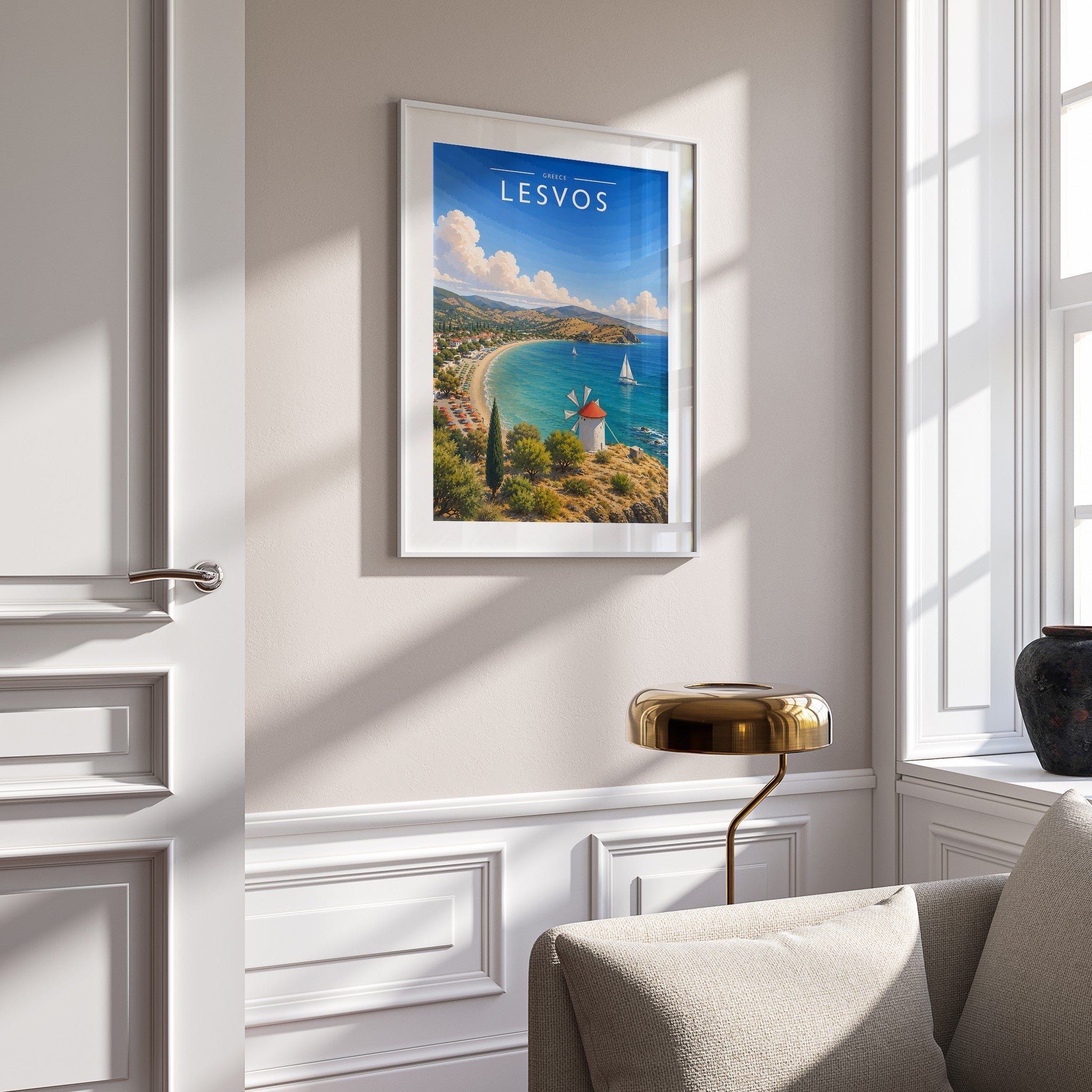 Lesvos Travel Poster mounted in a white frame