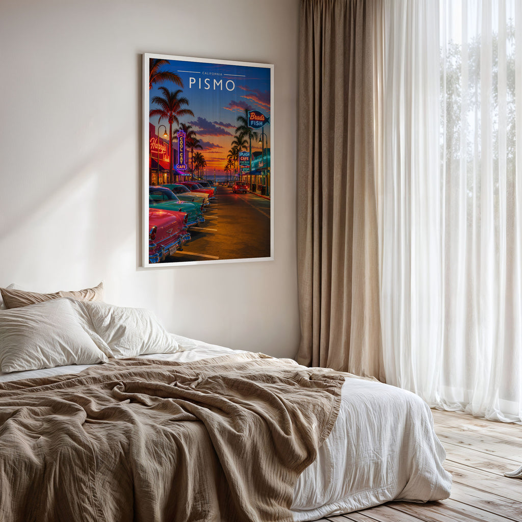 Pismo Travel Poster framed on a bedroom wall