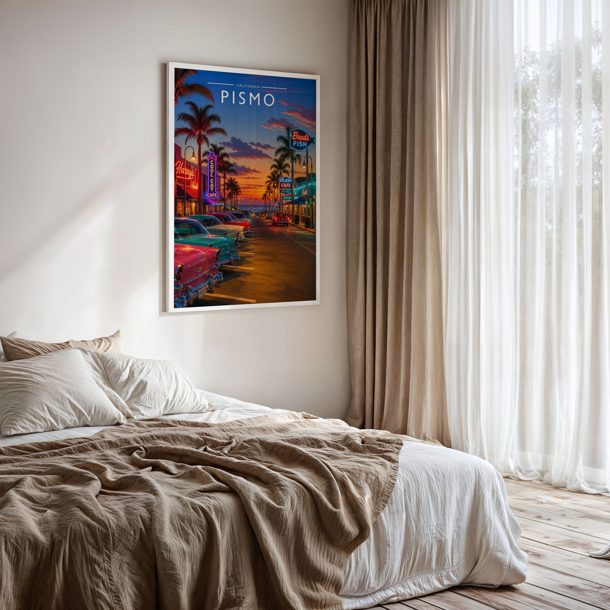 Pismo Travel Poster framed on a bedroom wall