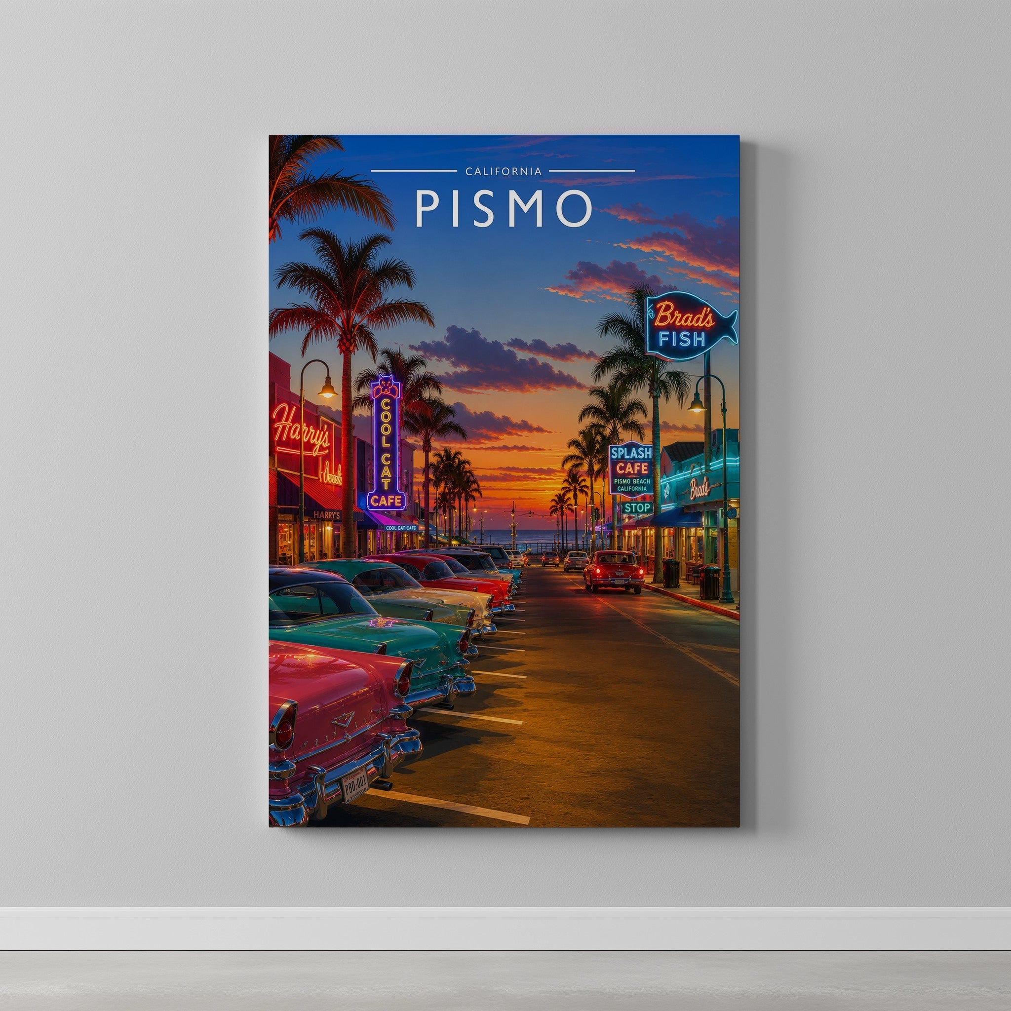 Pismo Travel Poster as a gallery-wrapped canvas on a plain wall