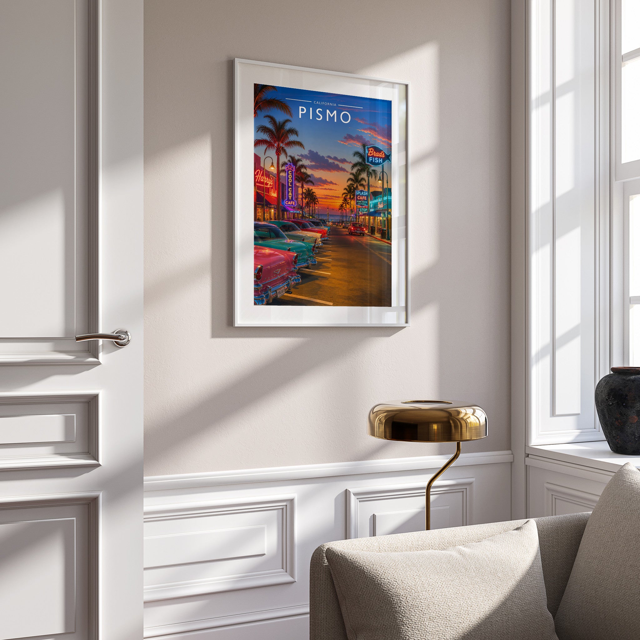 Pismo Travel Poster in a white frame on a panelled wall