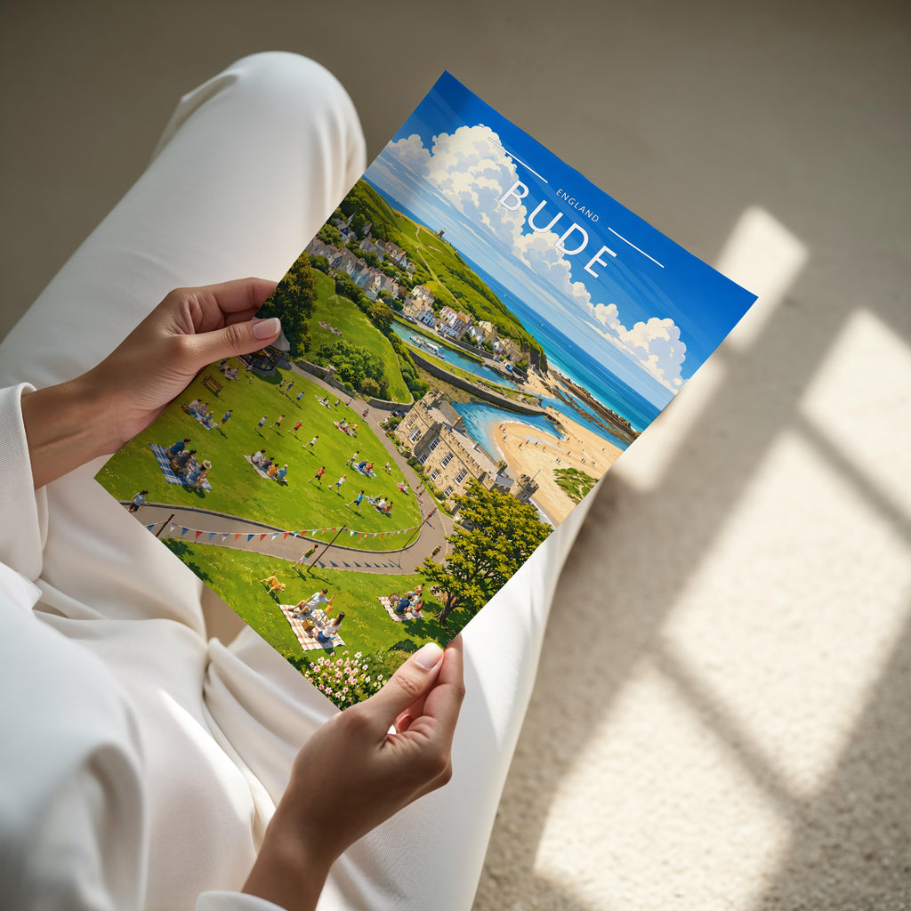 Bude Travel Poster - A4 print held in hand