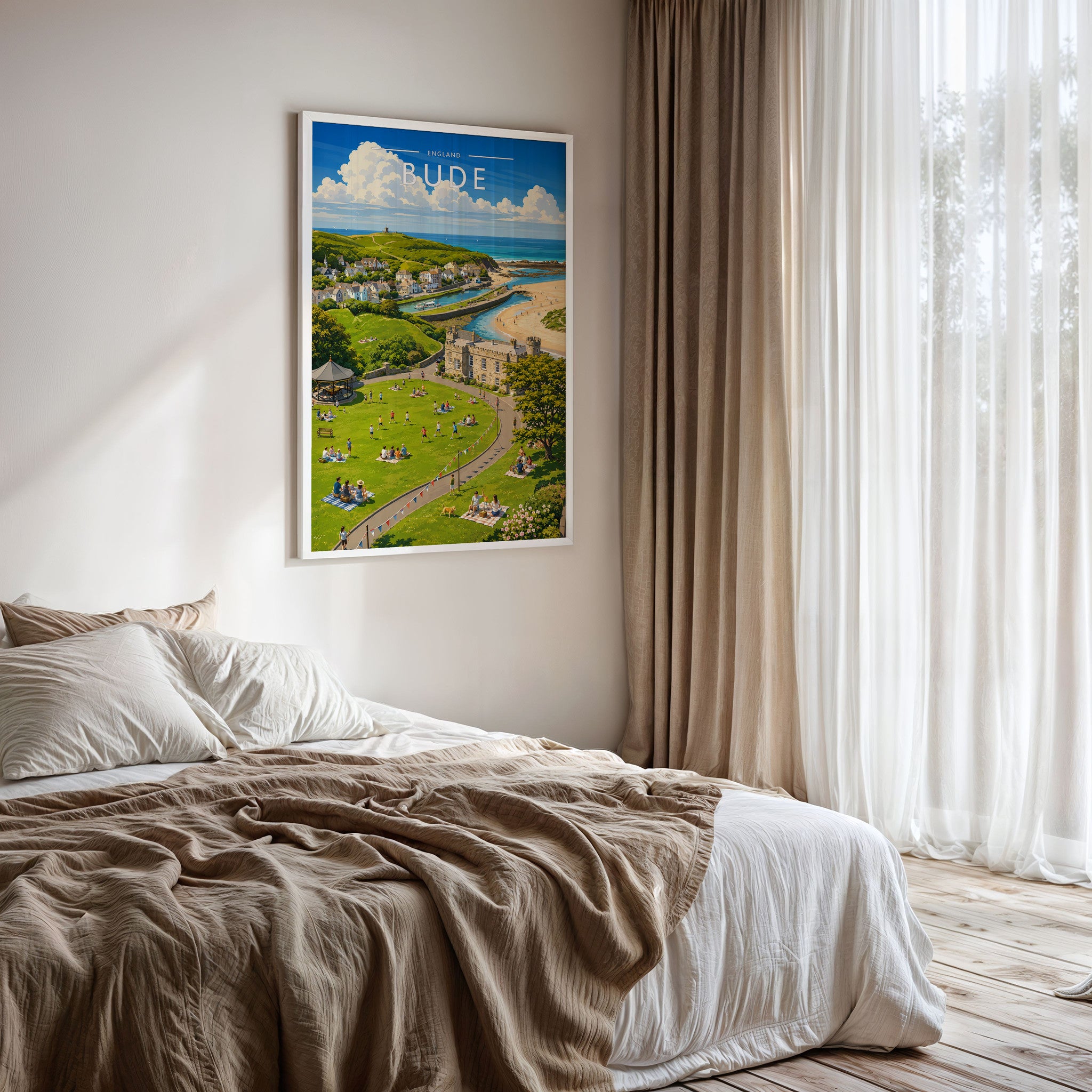 Bude Travel Poster framed on a bedroom wall