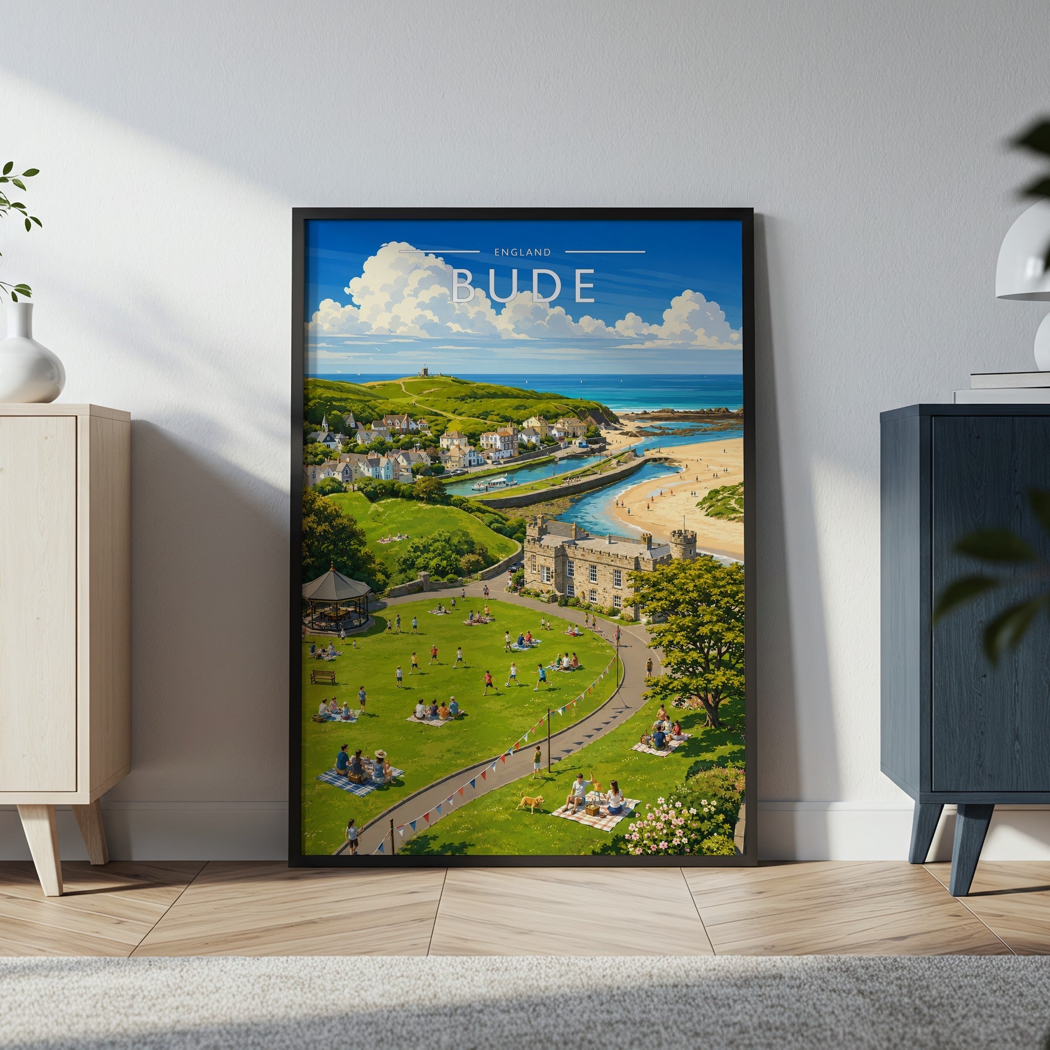Bude Travel Poster in a black frame