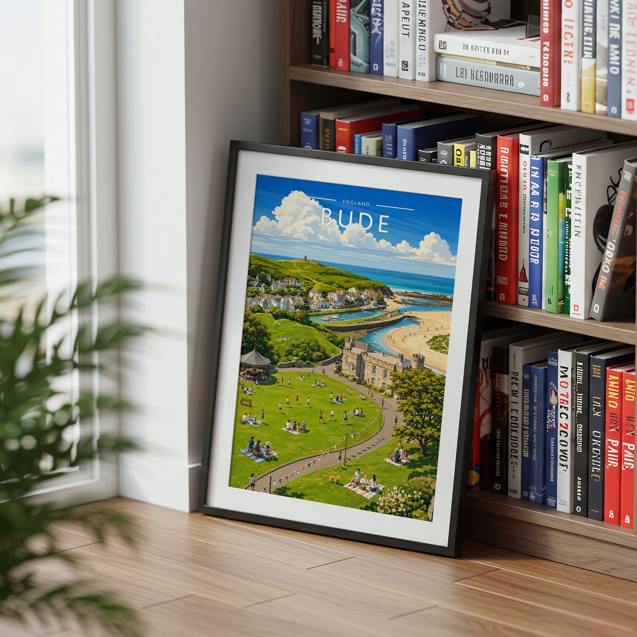 Bude Travel Poster mounted in a black frame
