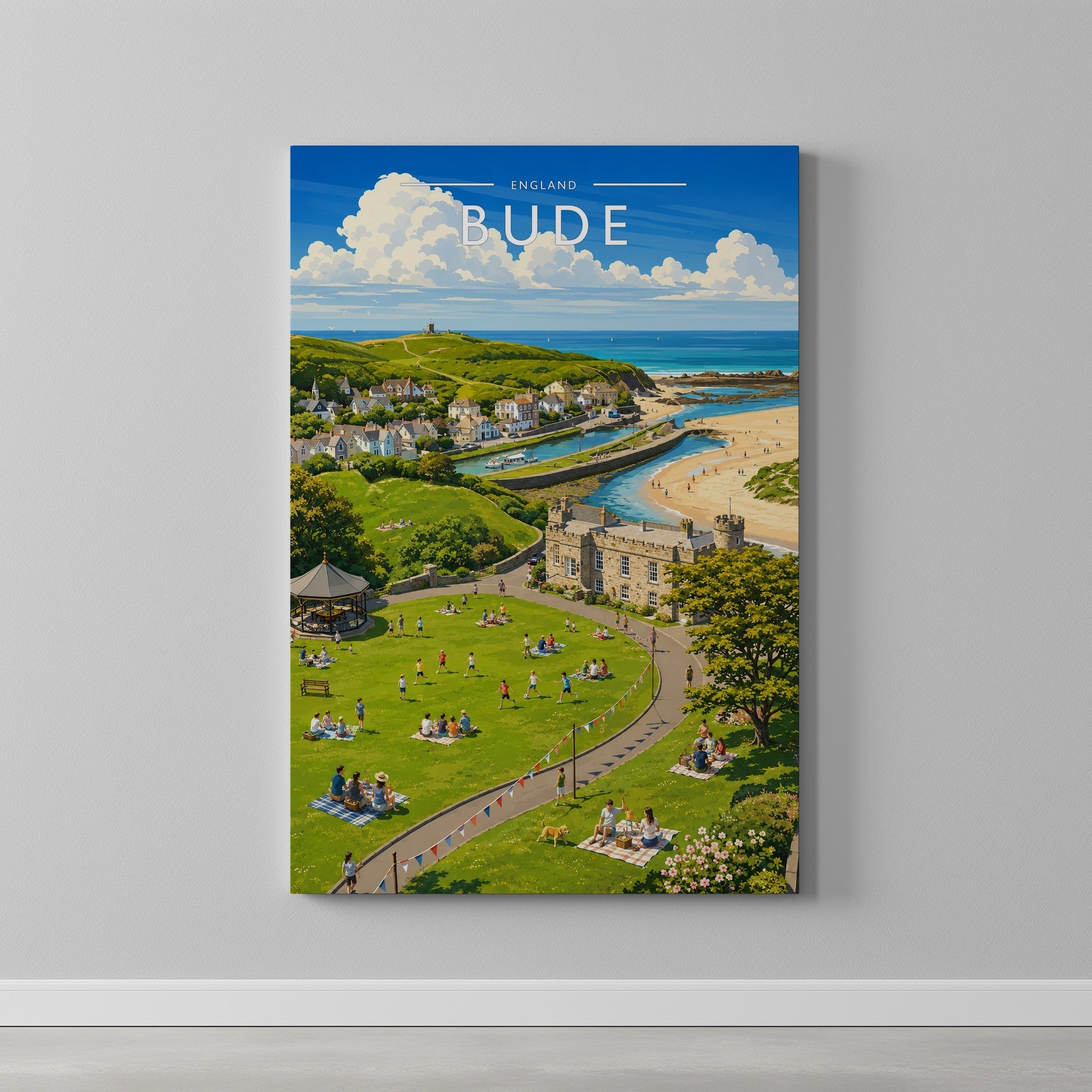 Bude Travel Poster as a gallery-wrapped canvas on a plain wall