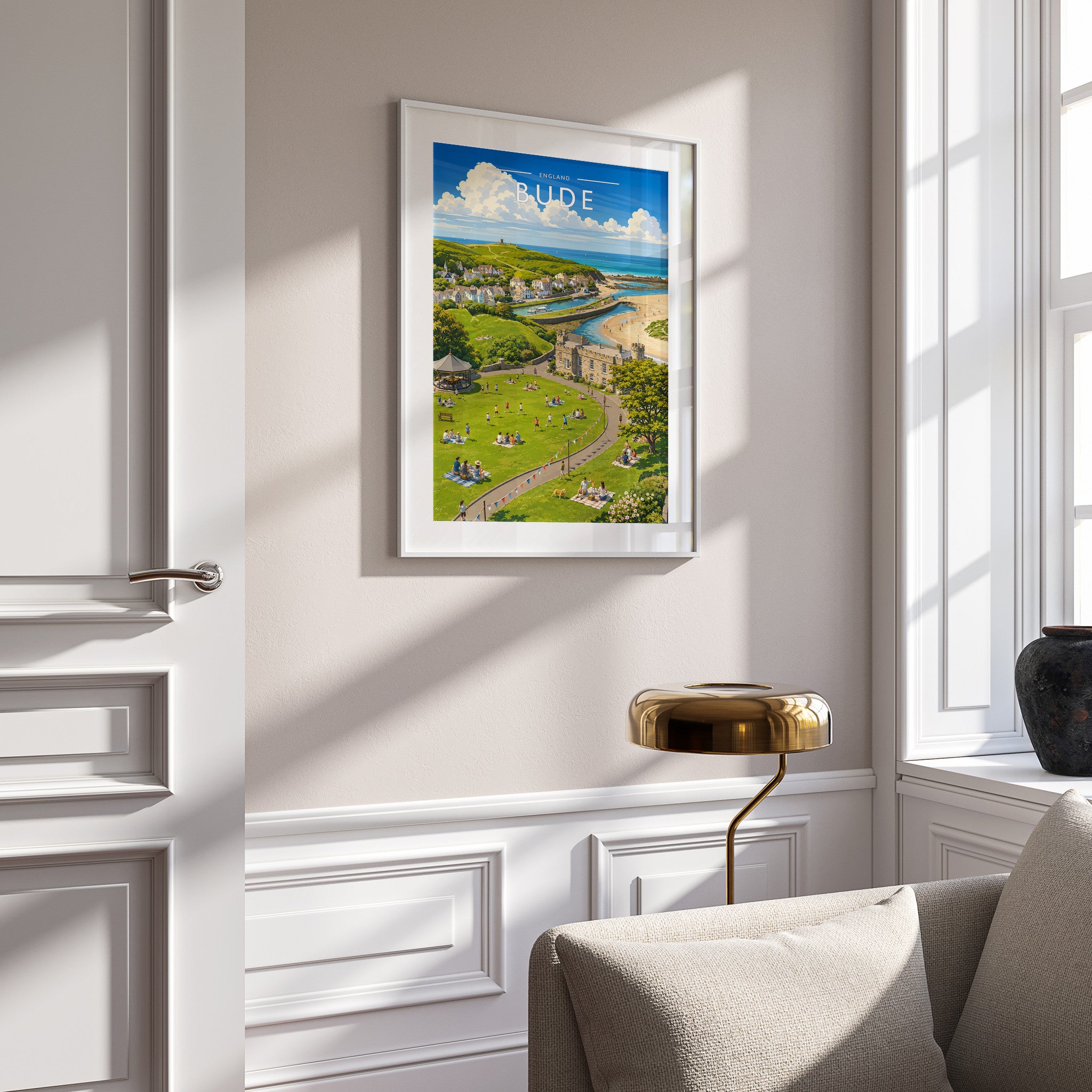 Bude Travel Poster in a white frame on a panelled wall