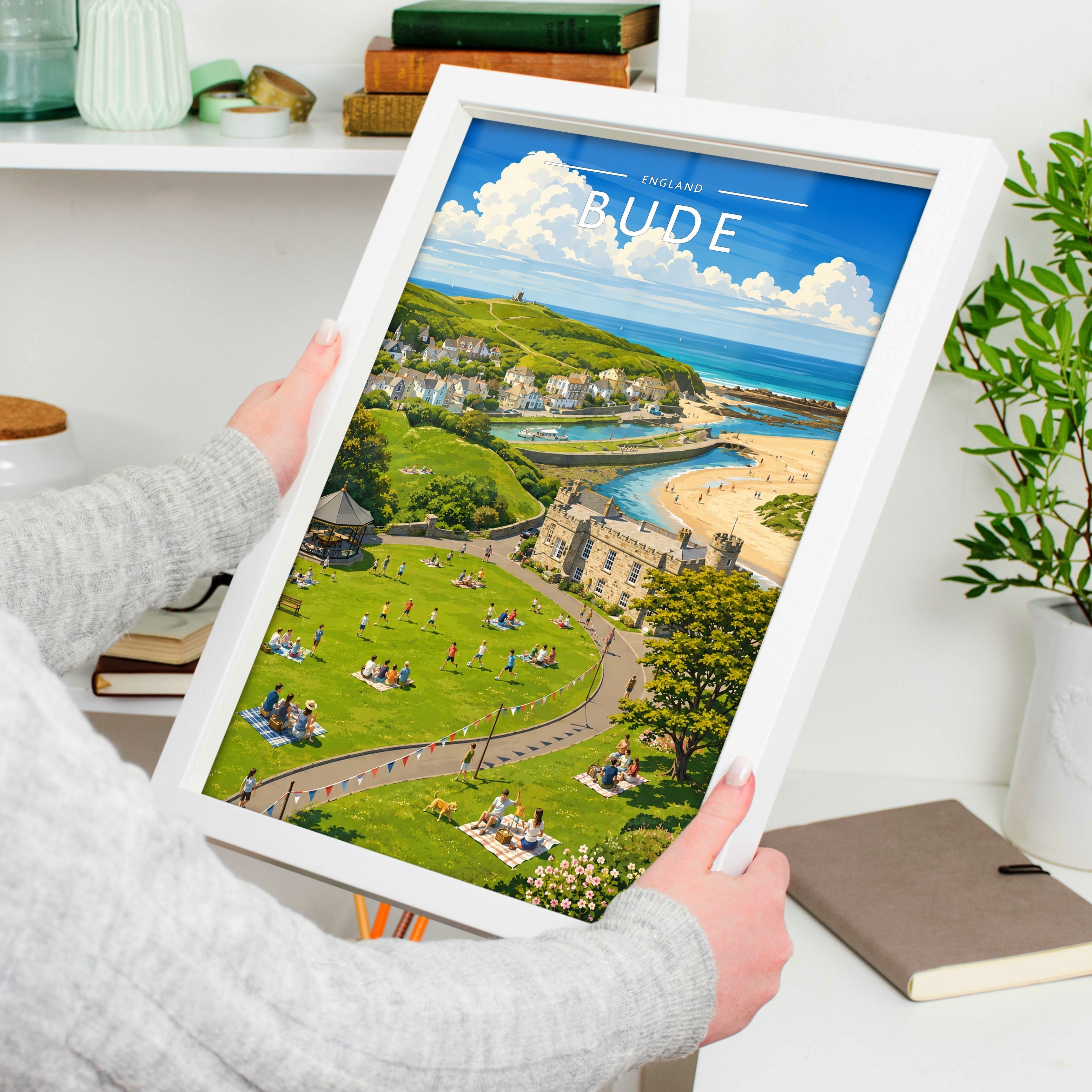 Bude Travel Poster held in a white frame