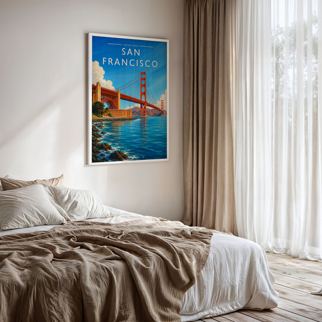 San Francisco #2 Travel Poster framed on a bedroom wall