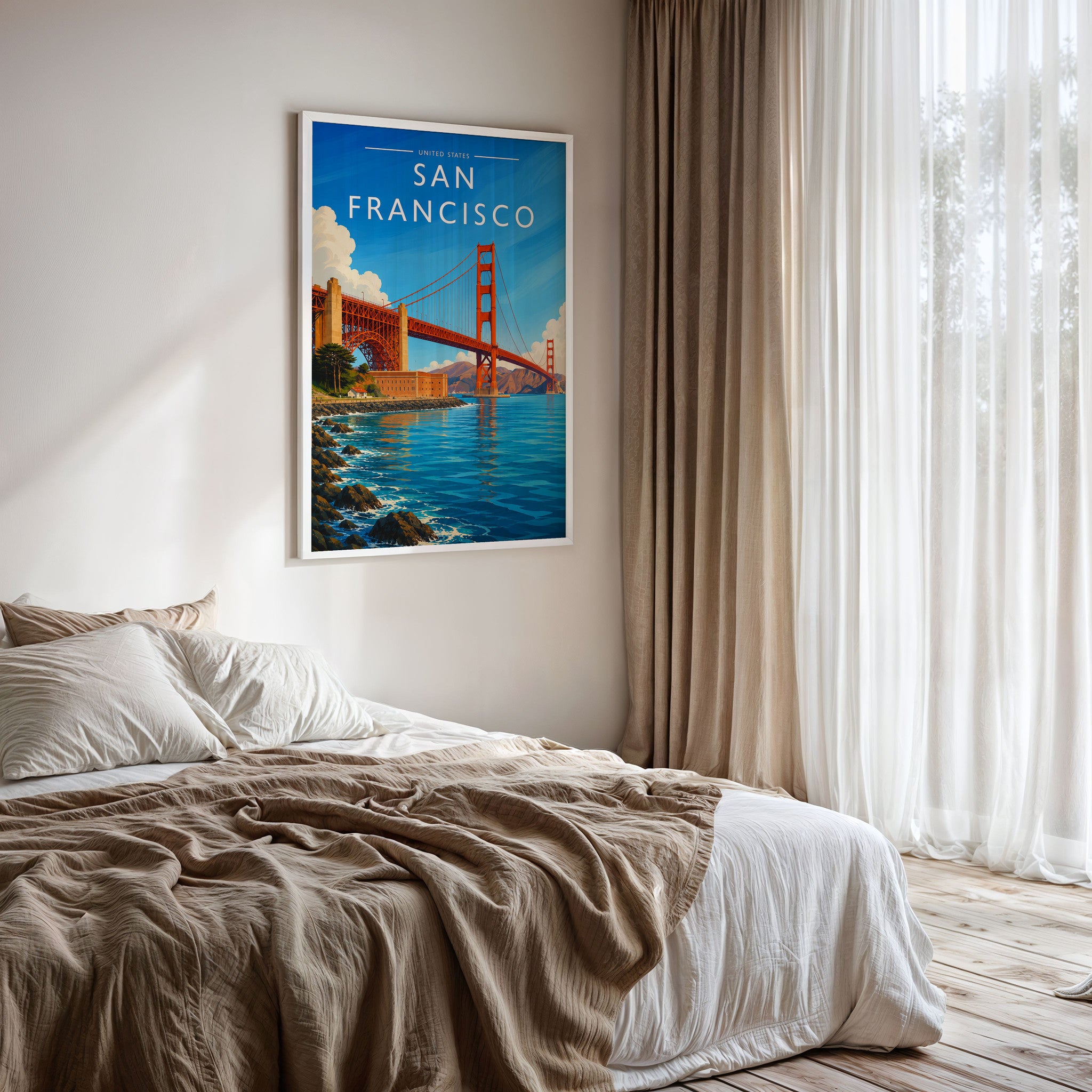 San Francisco #2 Travel Poster framed on a bedroom wall