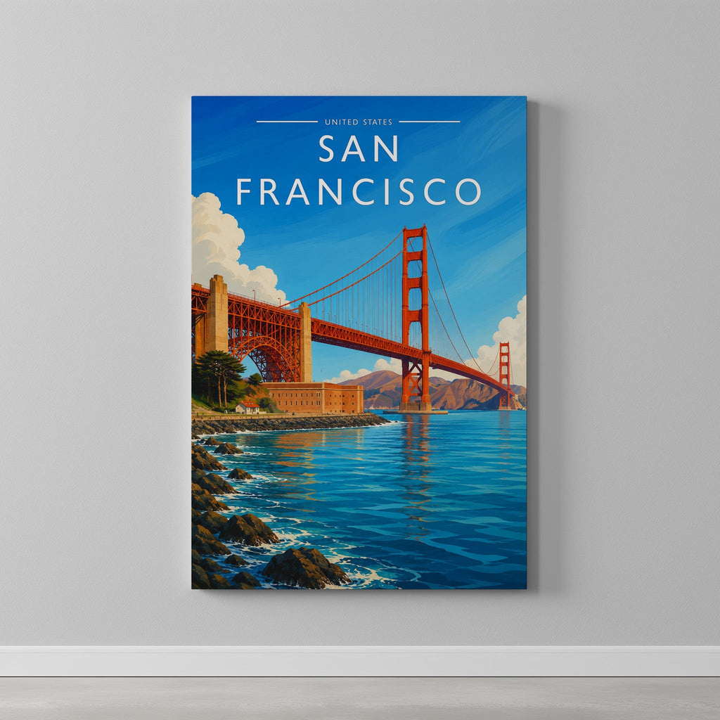San Francisco #2 Travel Poster as a gallery-wrapped canvas on a plain wall