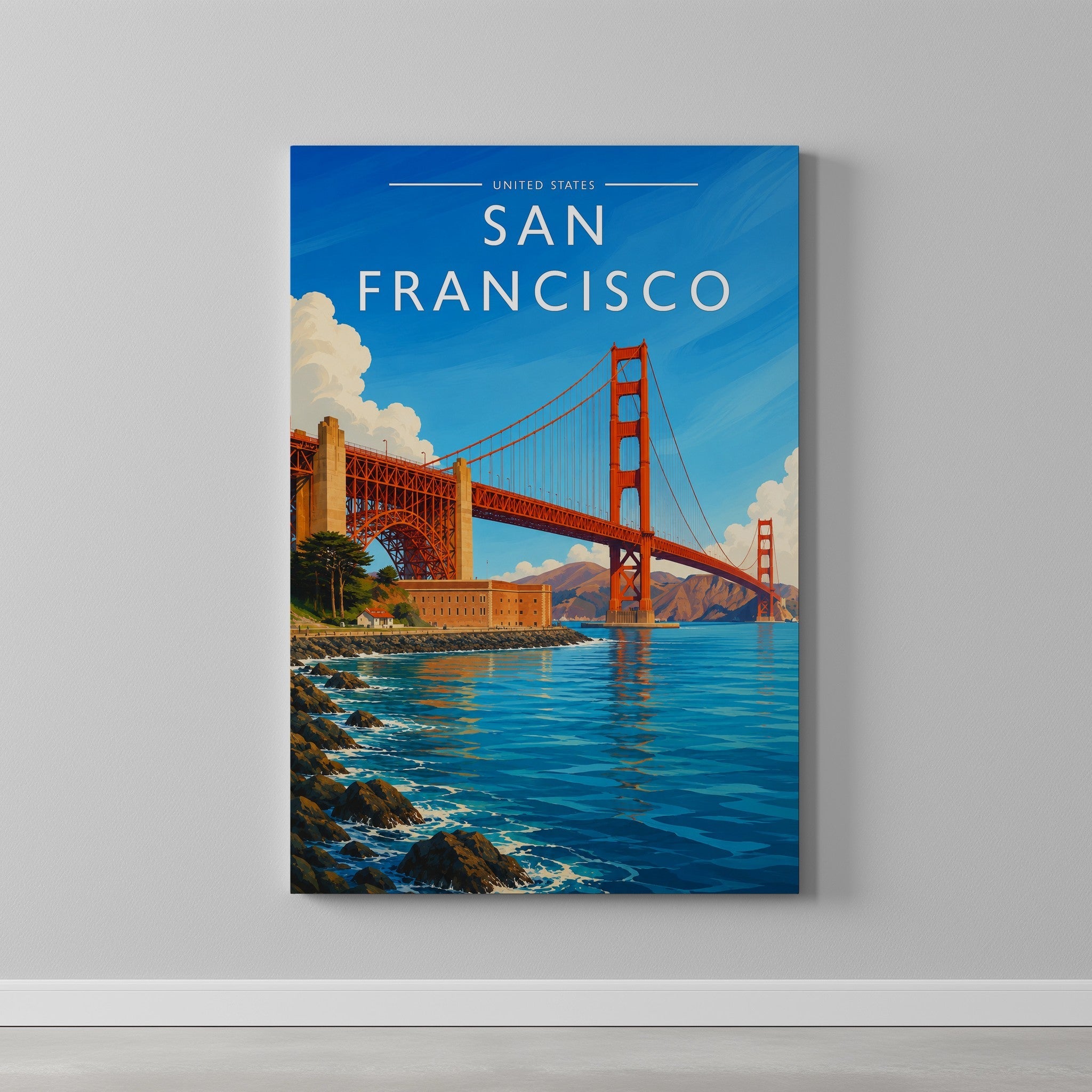 San Francisco #2 Travel Poster as a gallery-wrapped canvas on a plain wall