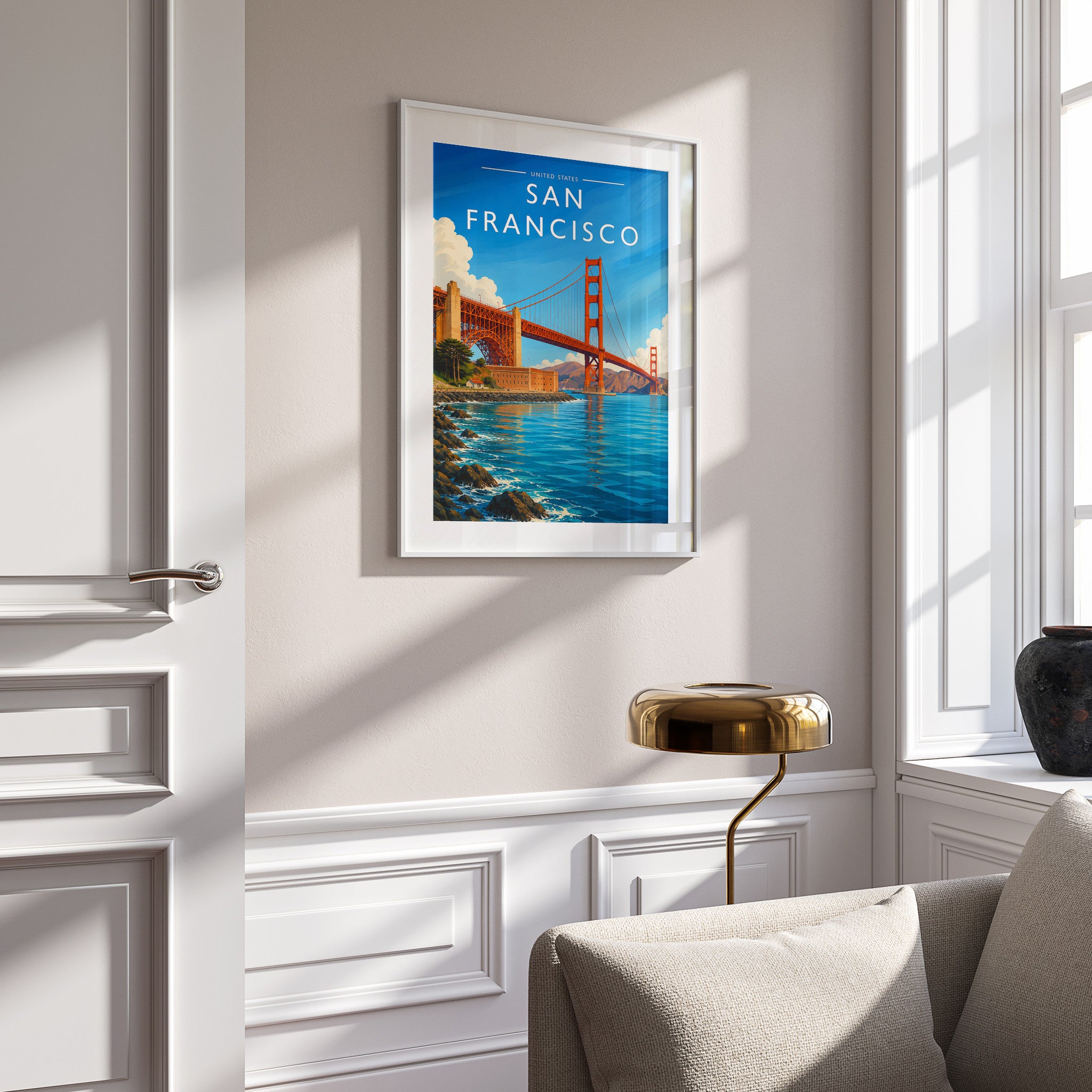 San Francisco #2 Travel Poster in a white frame on a panelled wall
