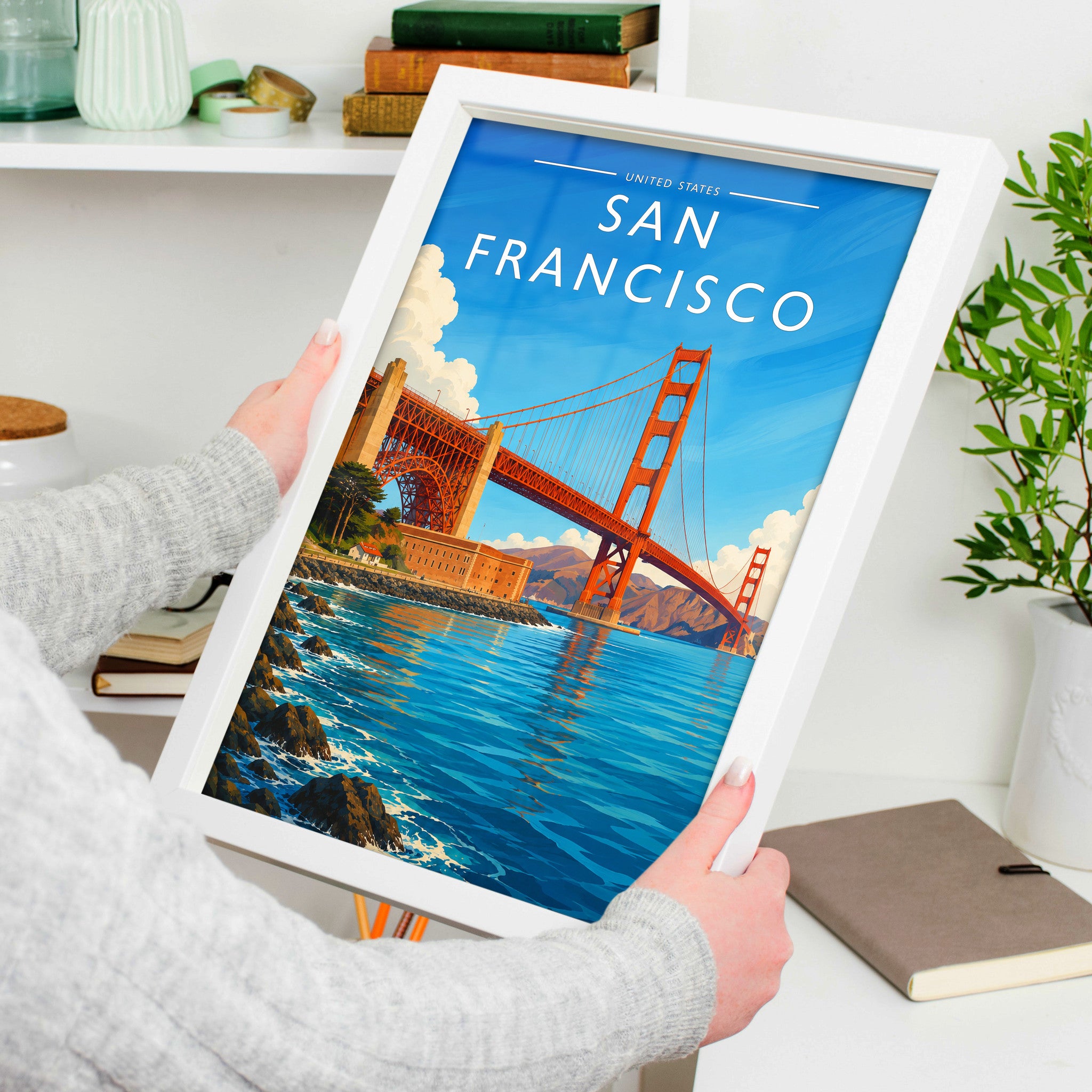San Francisco #2 Travel Poster in a white frame, held to show scale