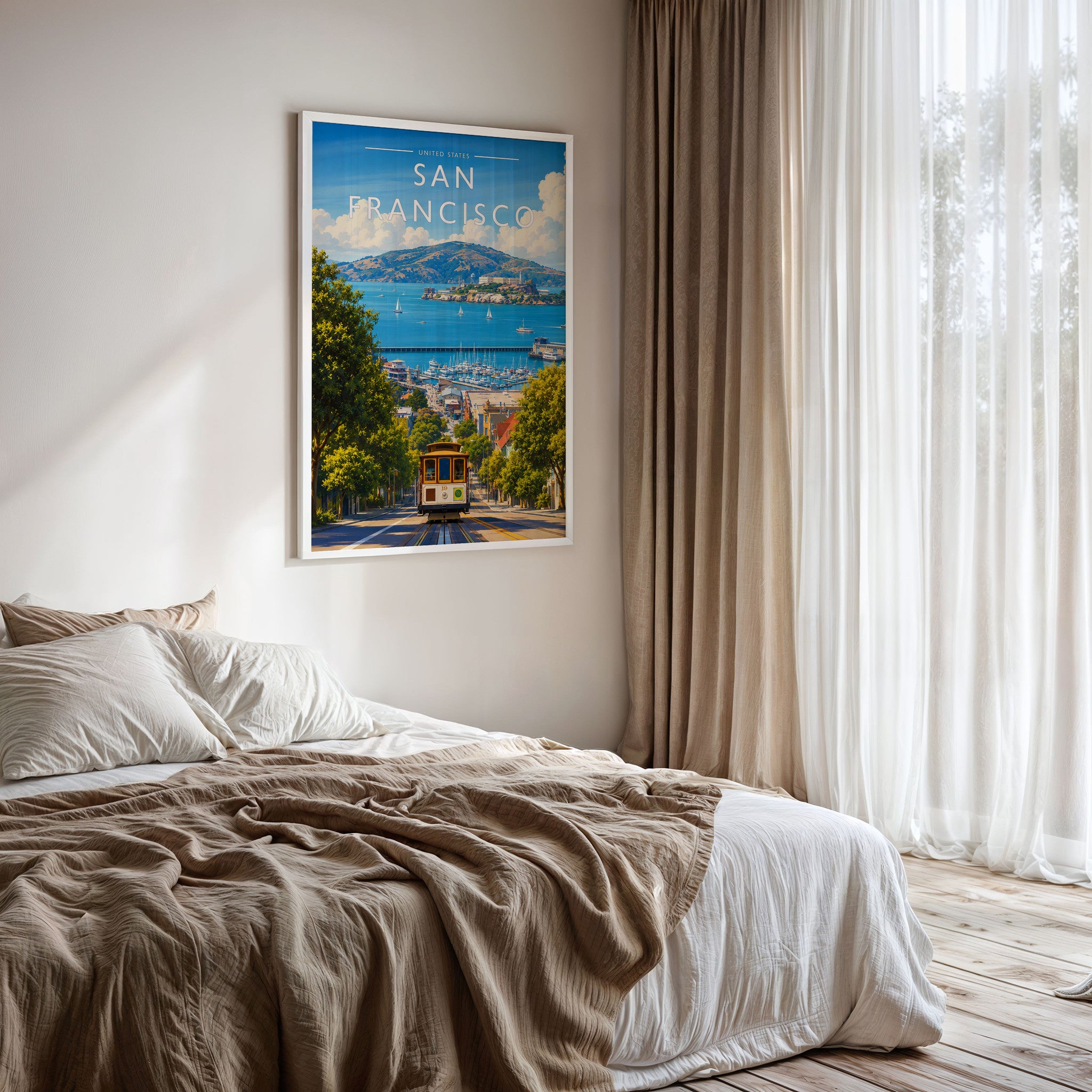 San Francisco #3 Travel Poster framed on a bedroom wall