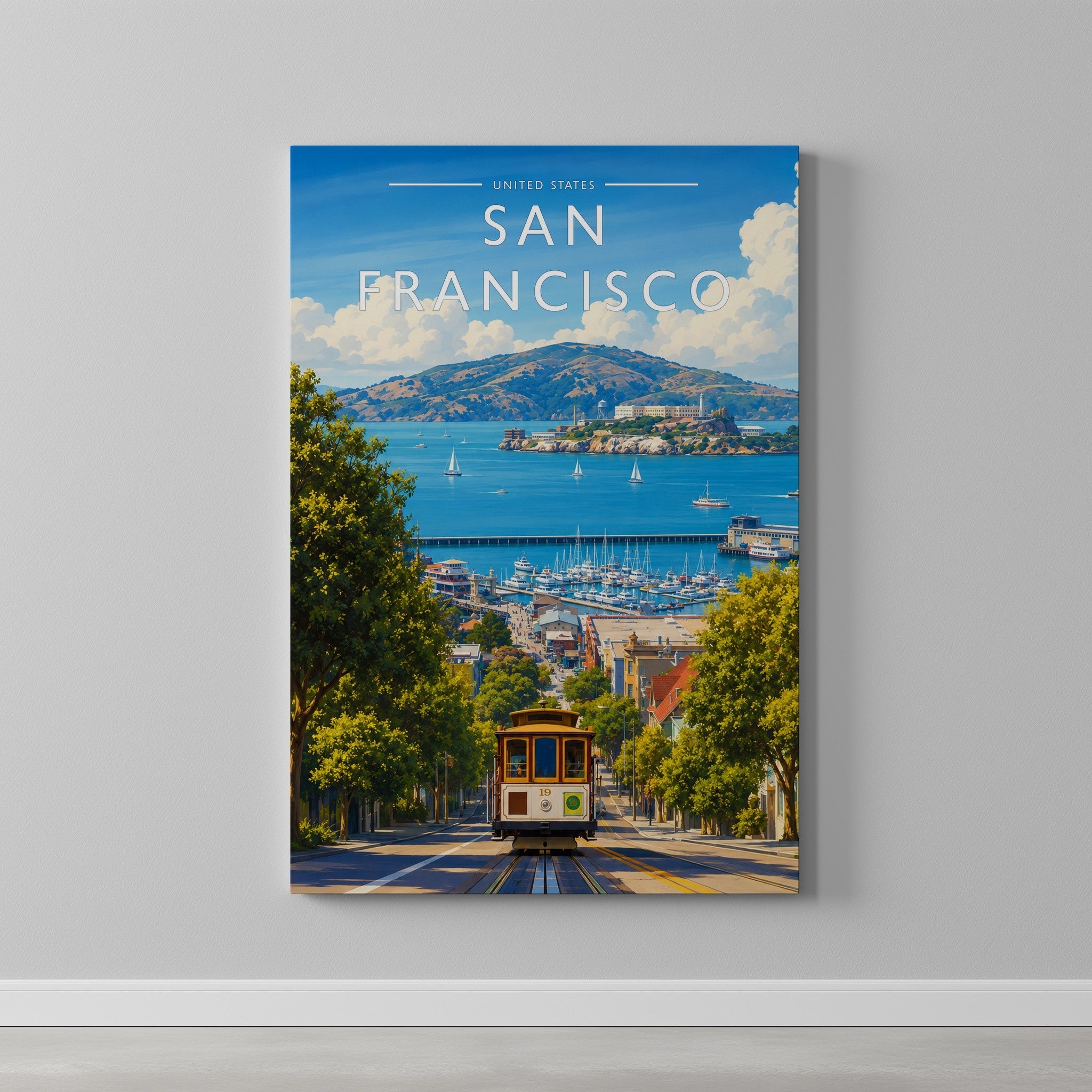 San Francisco #3 Travel Poster as a gallery-wrapped canvas on a plain wall