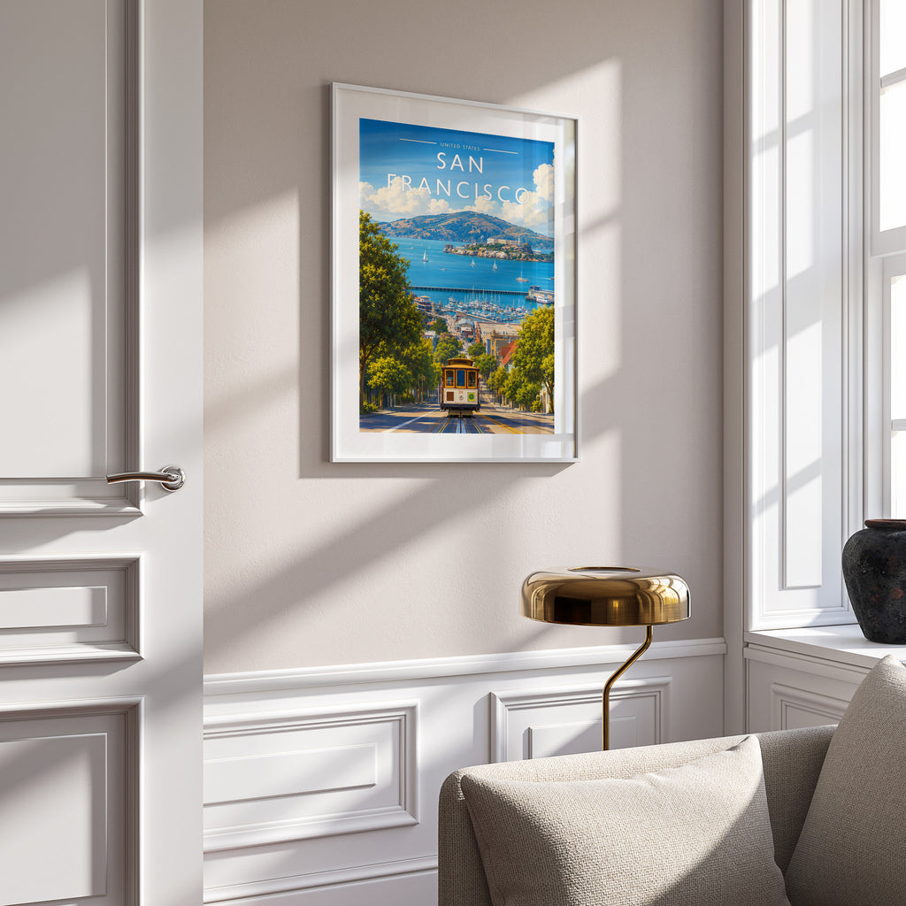 San Francisco #3 Travel Poster in a white frame on a panelled wall
