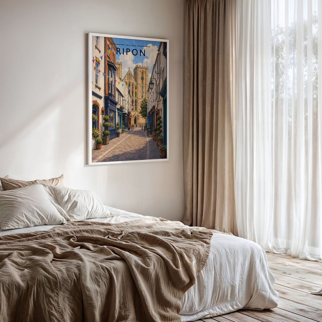 Ripon Travel Poster framed on a bedroom wall