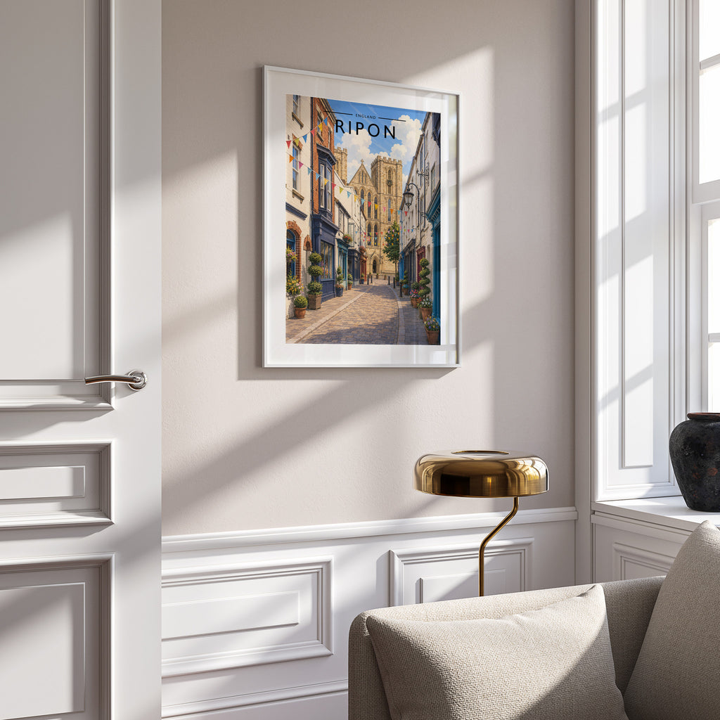 Ripon Travel Poster in a white frame on a panelled wall