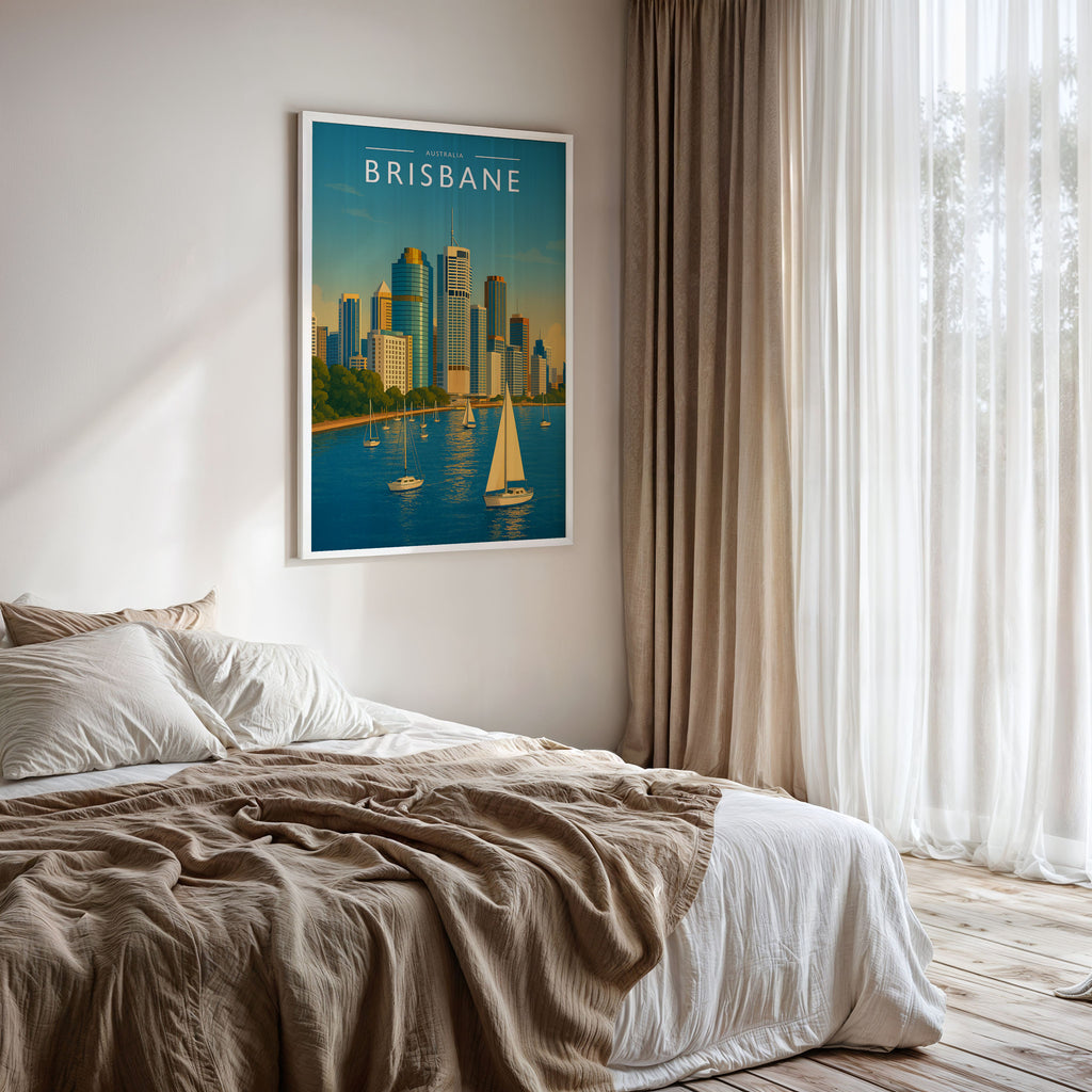Brisbane Travel Poster framed on a bedroom wall