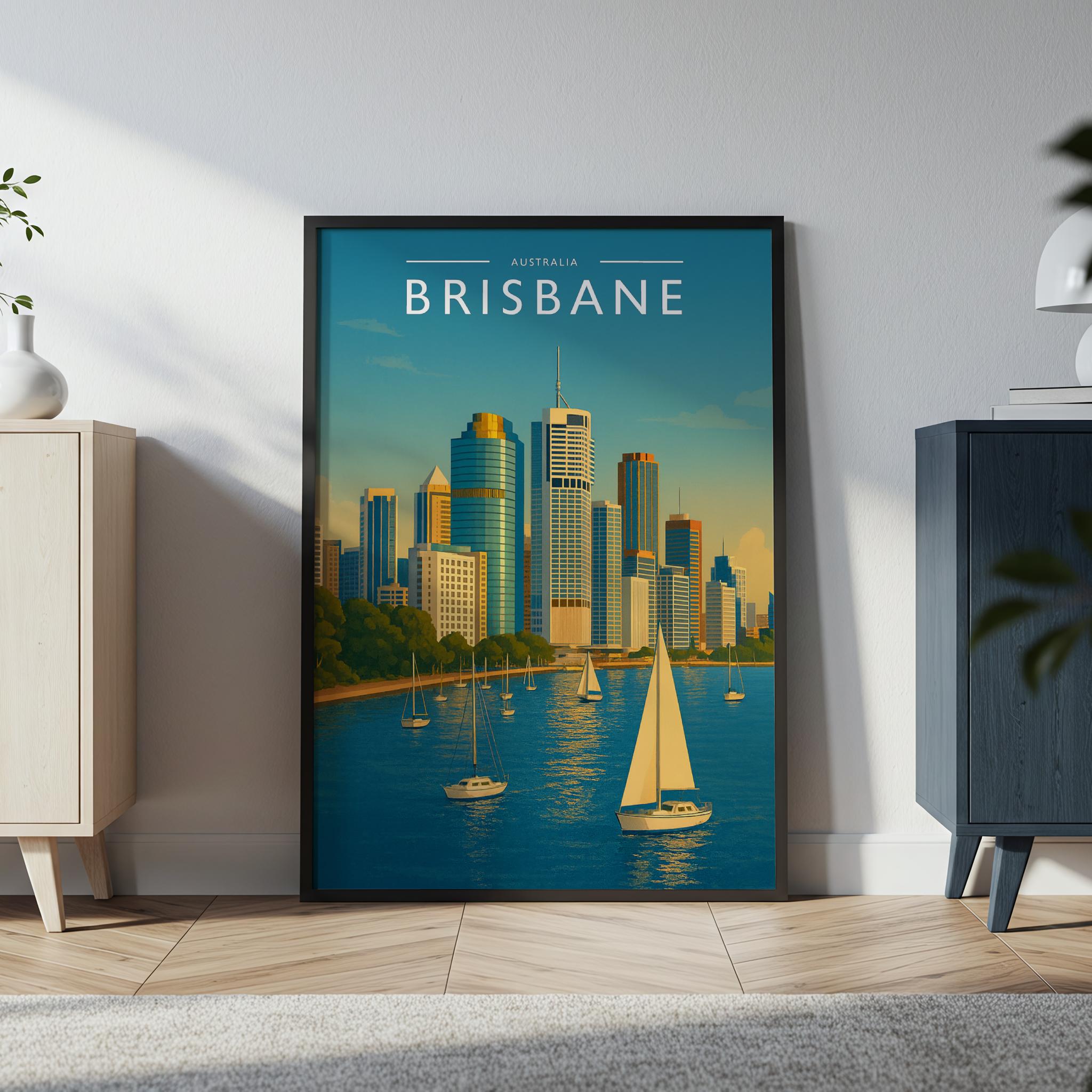 Brisbane Travel Poster in a black frame