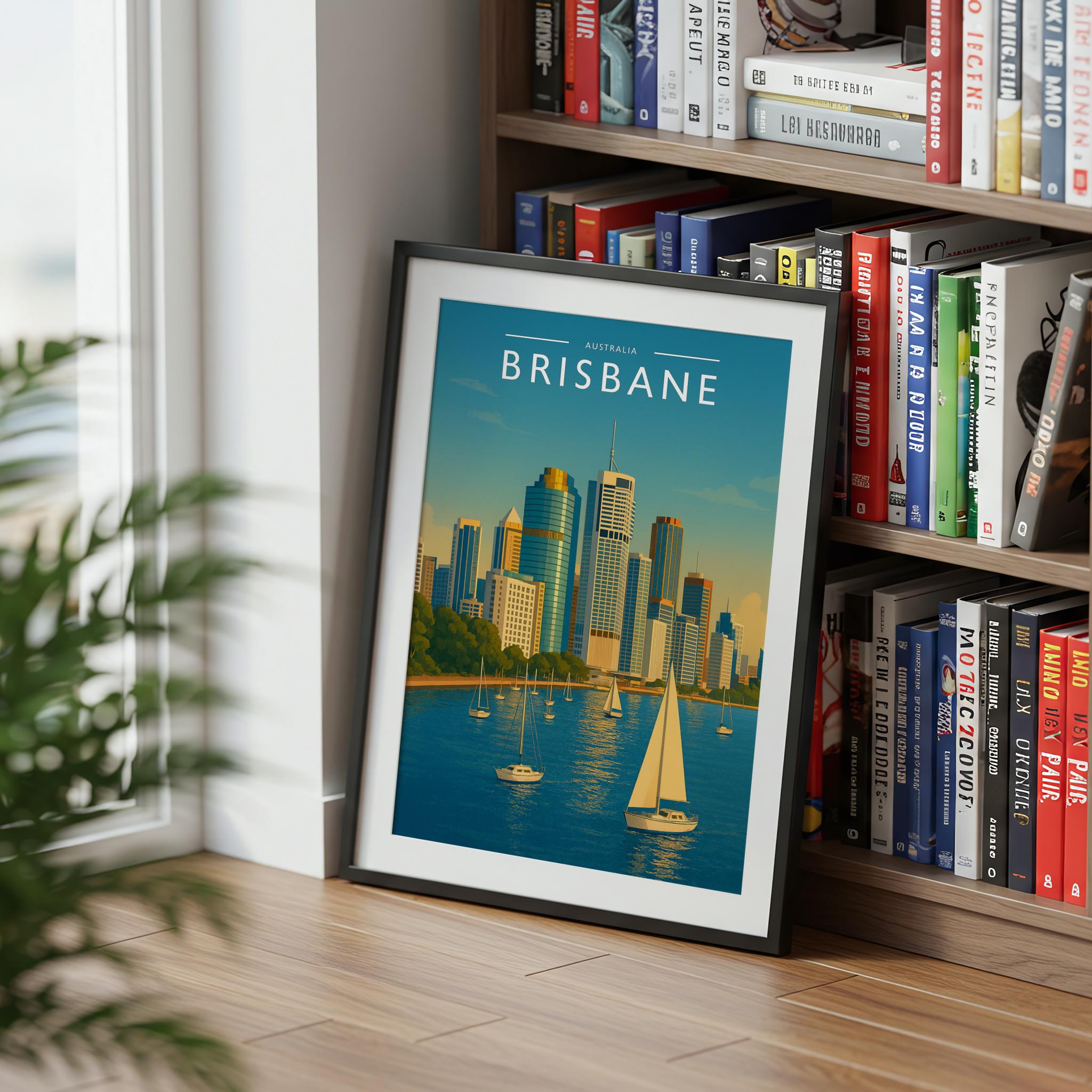 Brisbane Travel Poster mounted in a black frame