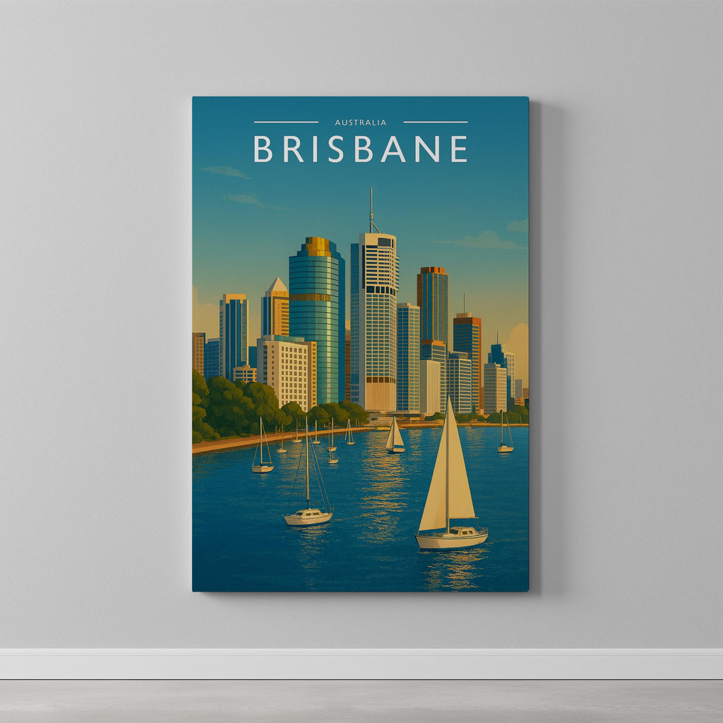 Brisbane Travel Poster as a gallery-wrapped canvas on a plain wall