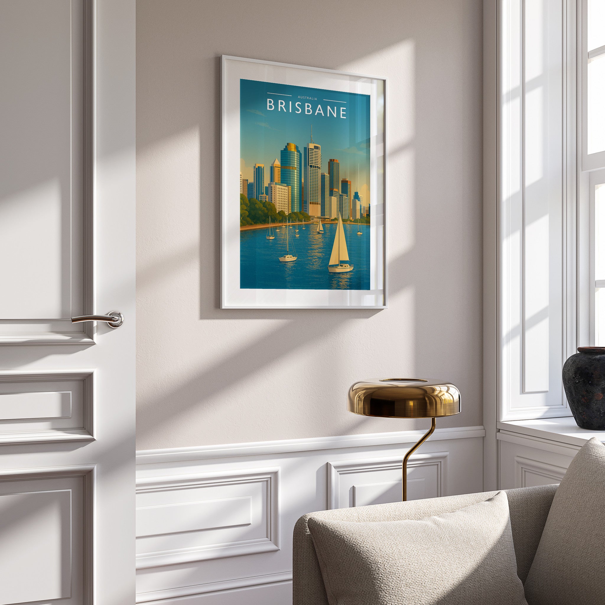 Brisbane Travel Poster in a white frame on a panelled wall