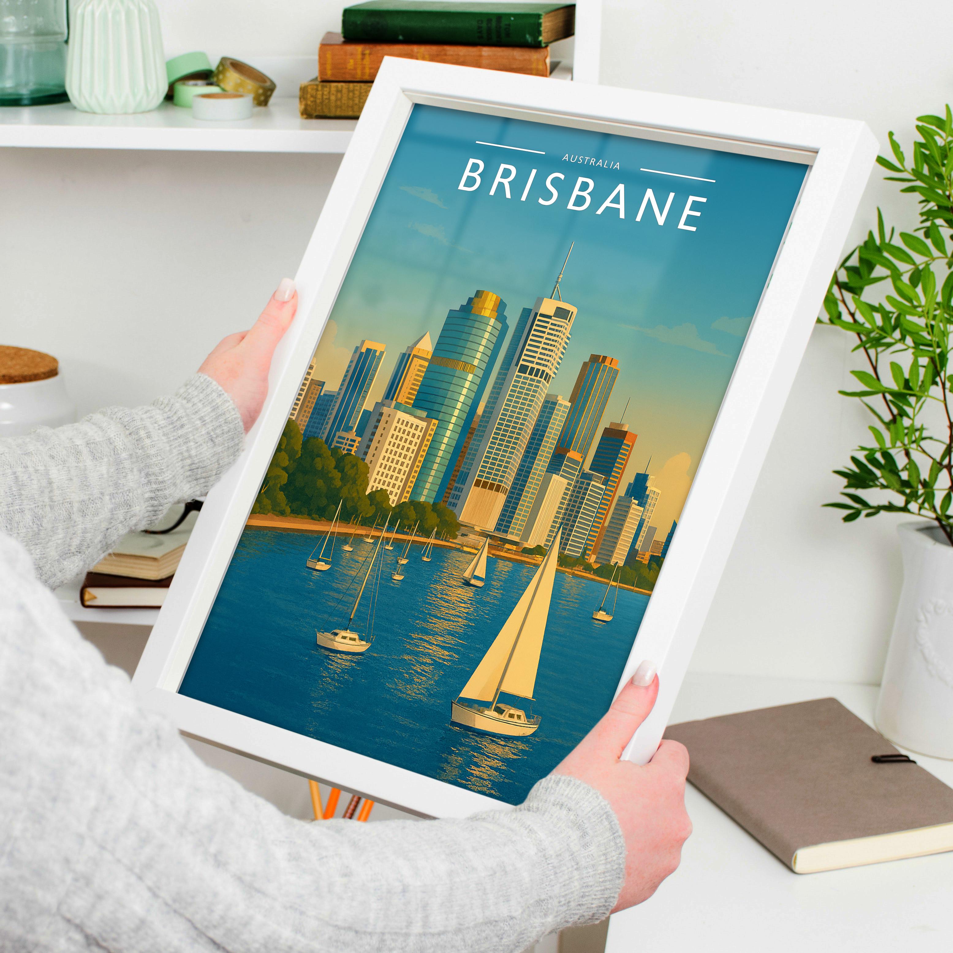 Brisbane Travel Poster held in a white frame