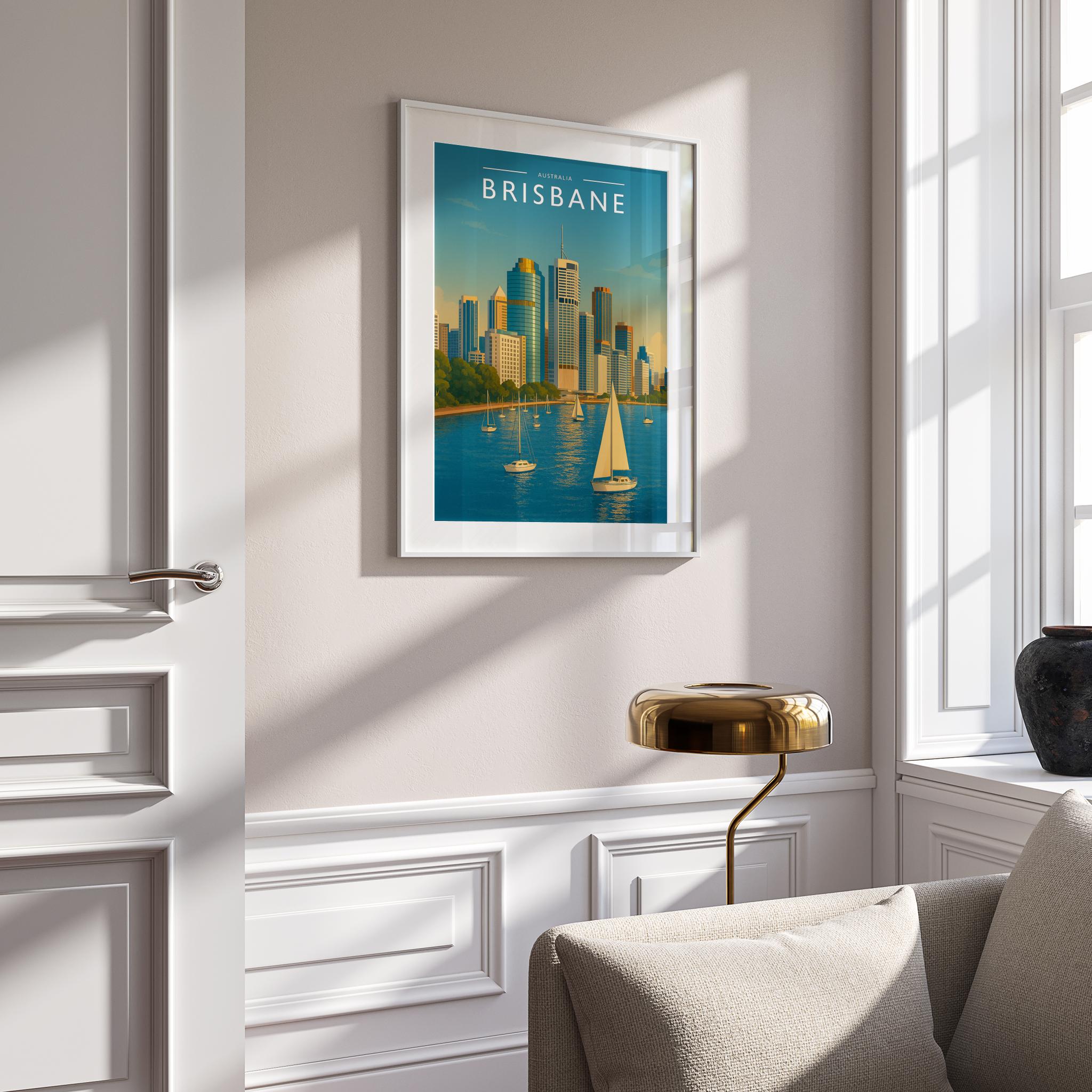 Brisbane Travel Poster mounted in a white frame