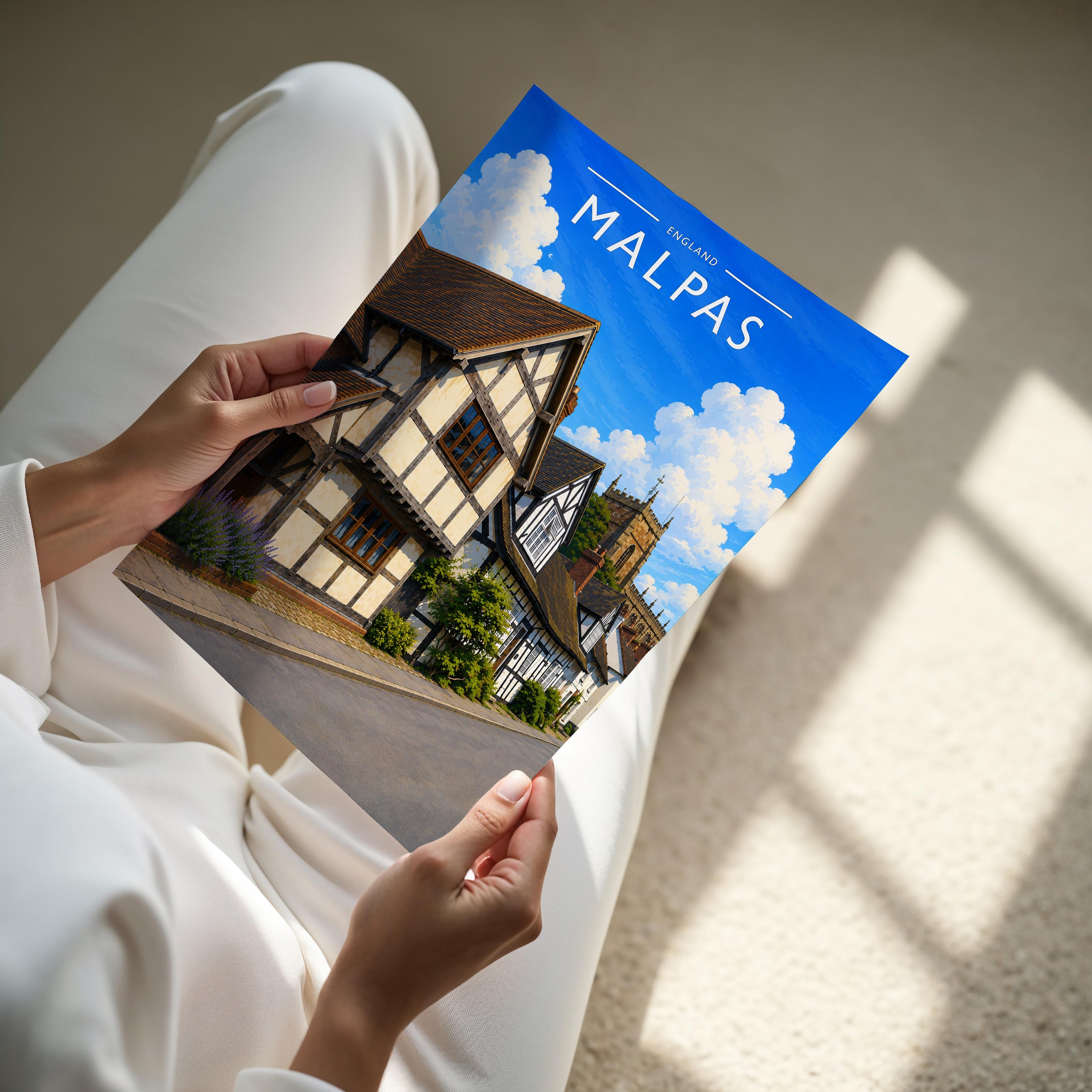 Malpas Travel Poster - A4 print held in hand