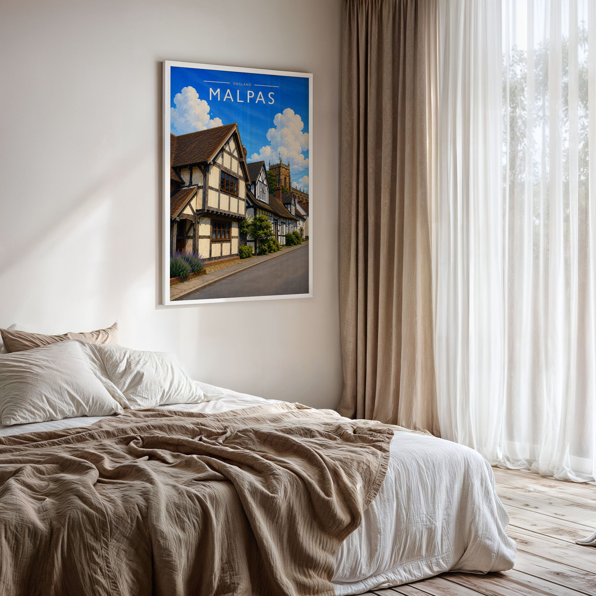 Malpas Travel Poster framed on a bedroom wall