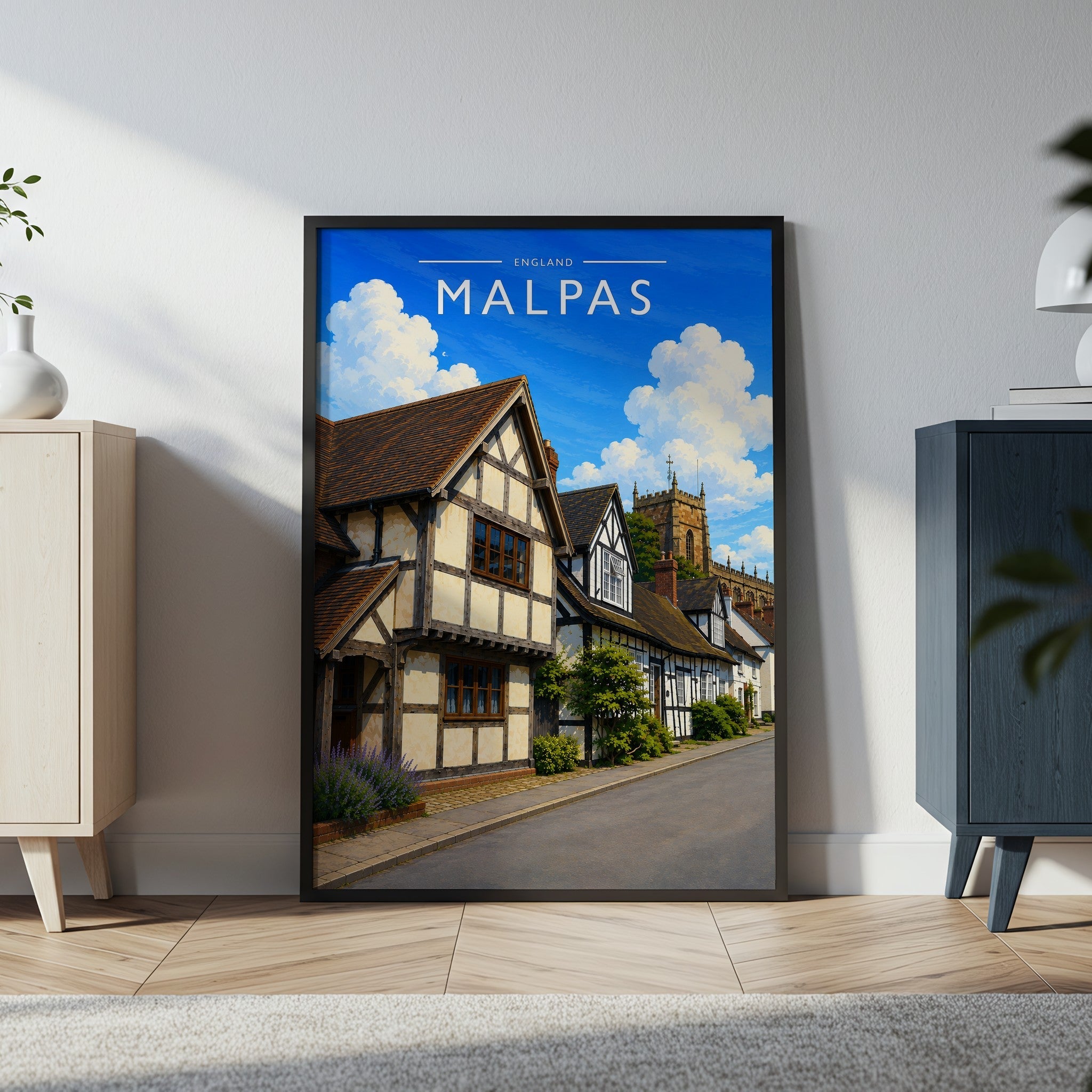 Malpas Travel Poster in a black frame