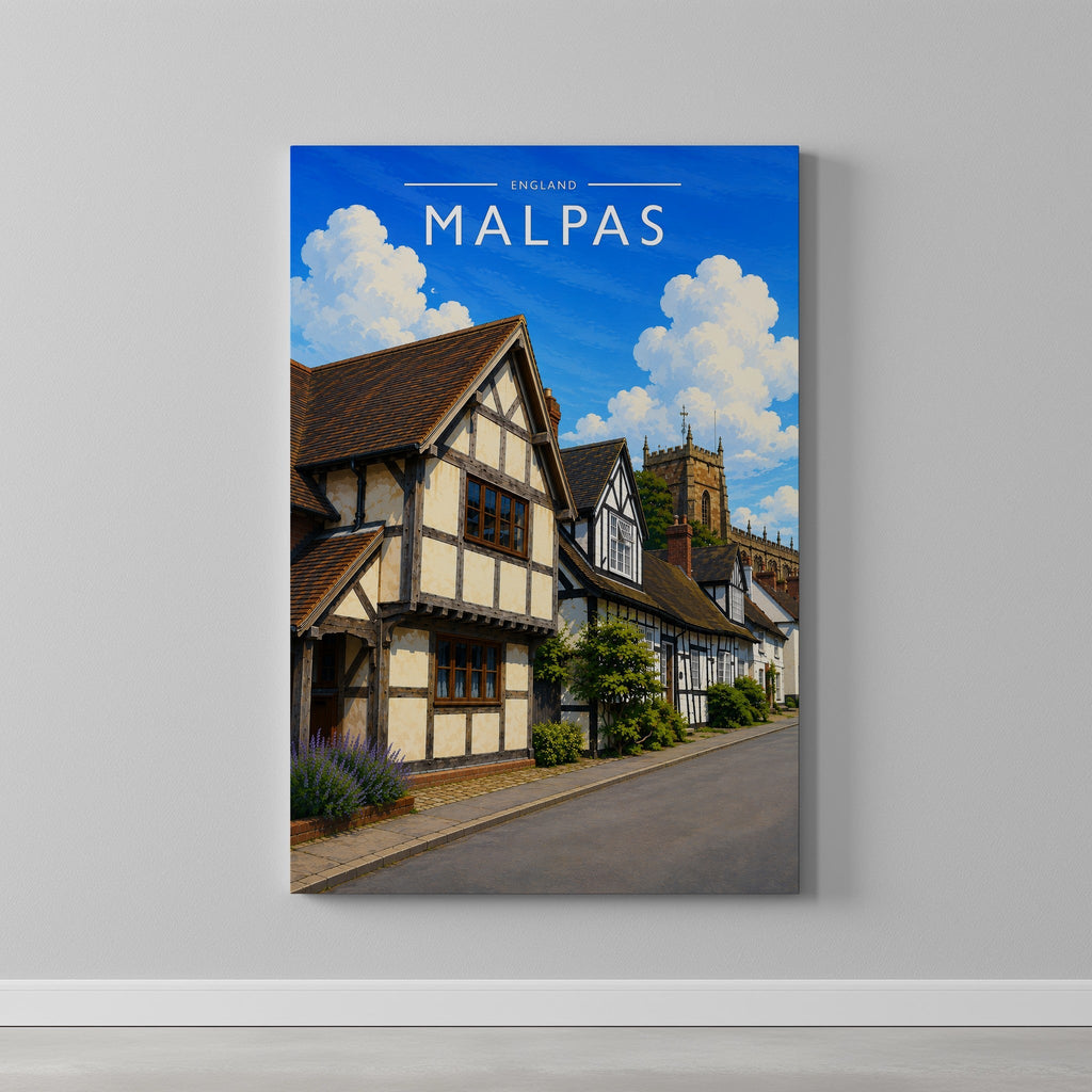 Malpas Travel Poster as a gallery-wrapped canvas on a plain wall