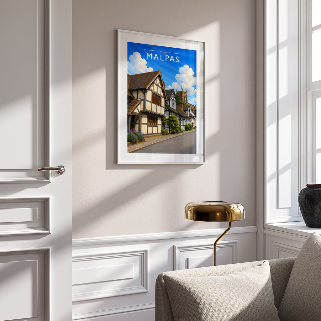 Malpas Travel Poster in a white frame on a panelled wall